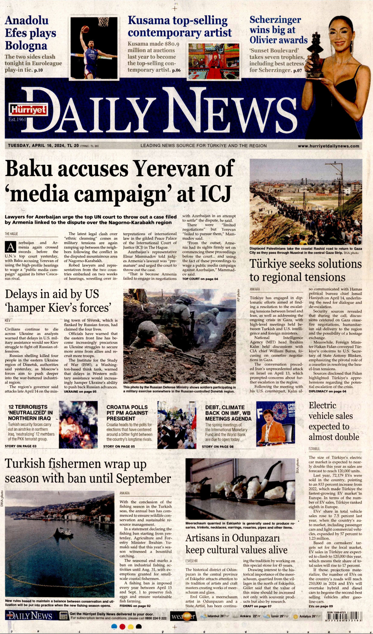 HÜRRİYET DAİLY NEWS gazetesinin 16 Nisan 2024 tarihli birinci sayfası