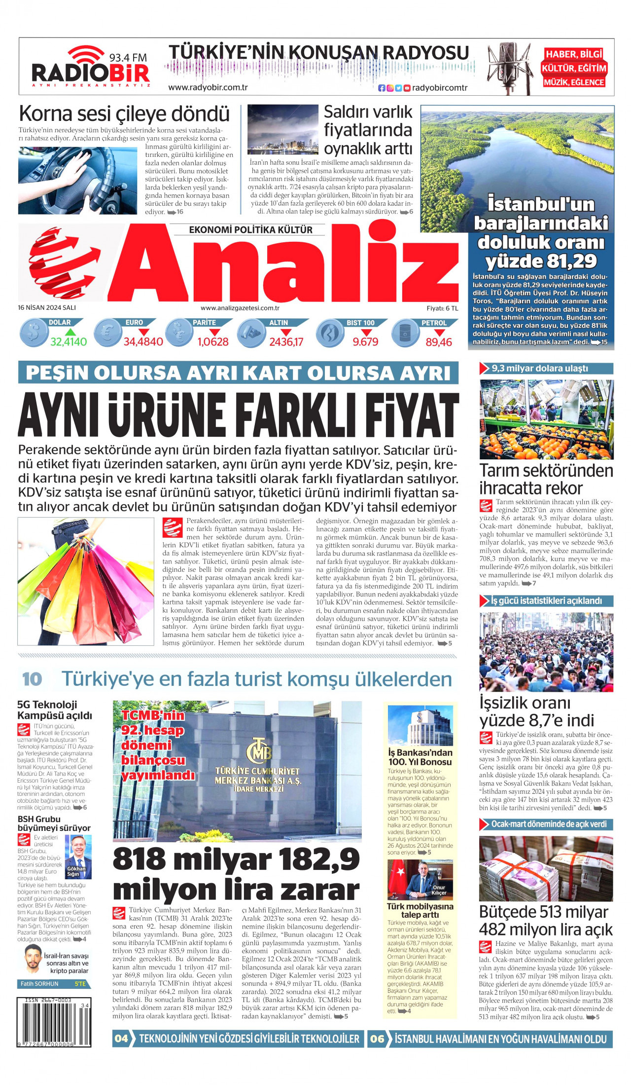 ANALİZ gazetesinin 16 Nisan 2024 tarihli birinci sayfası