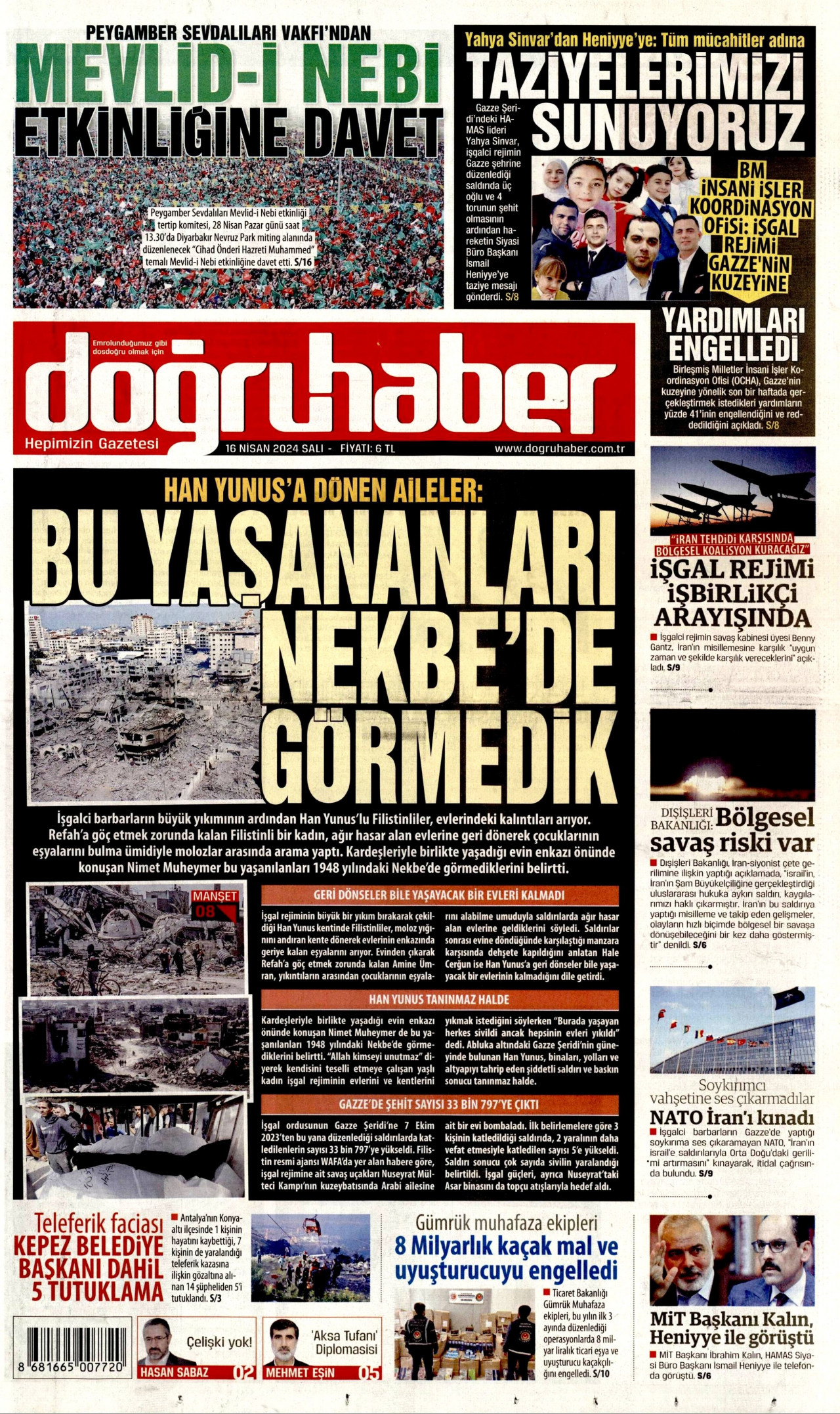 DOĞRU HABER gazetesinin 16 Nisan 2024 tarihli birinci sayfası