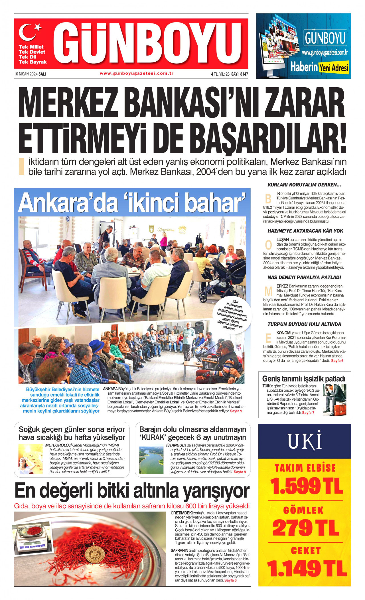 GÜNBOYU gazetesinin 16 Nisan 2024 tarihli birinci sayfası