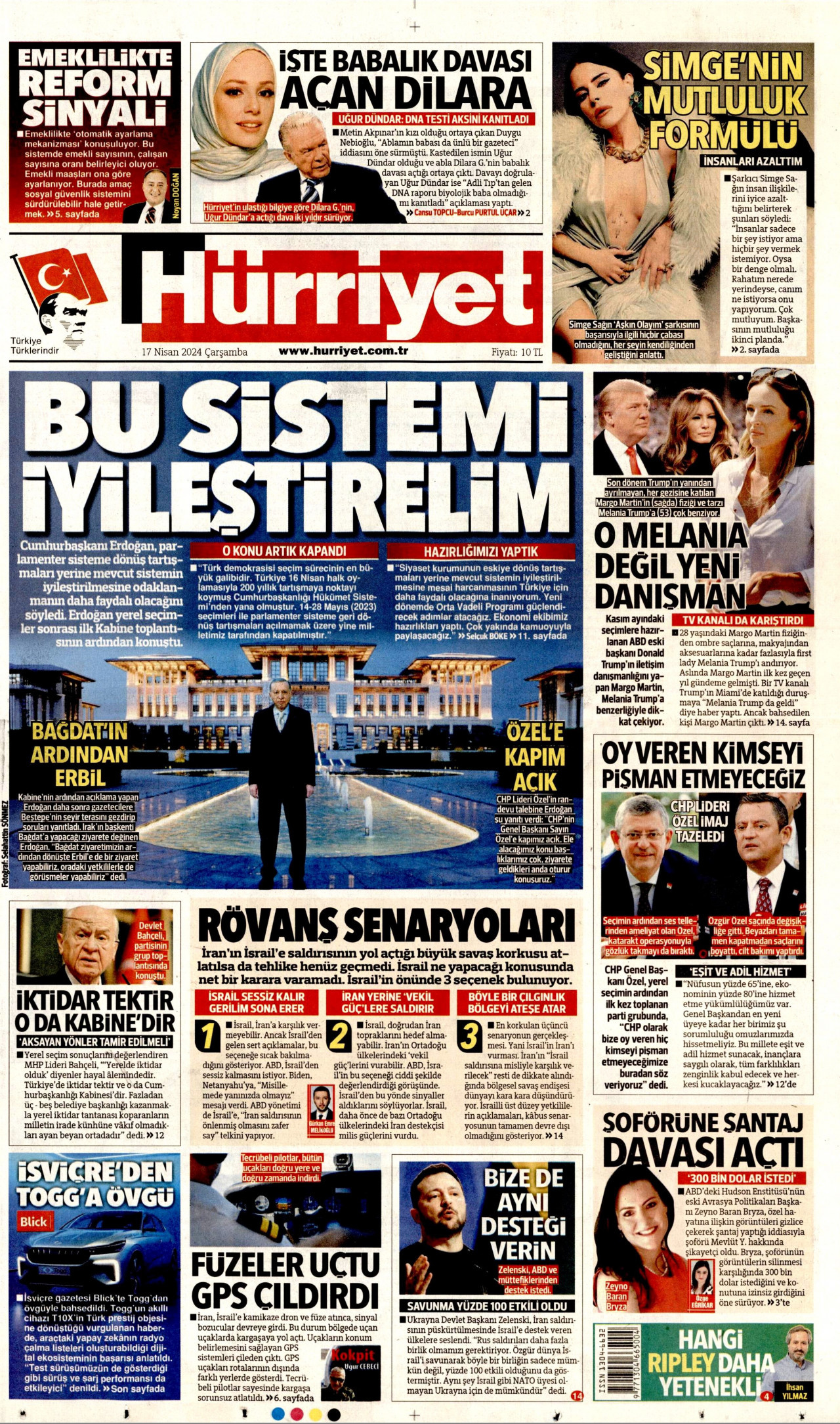 HÜRRİYET gazetesinin 17 Nisan 2024 tarihli birinci sayfası