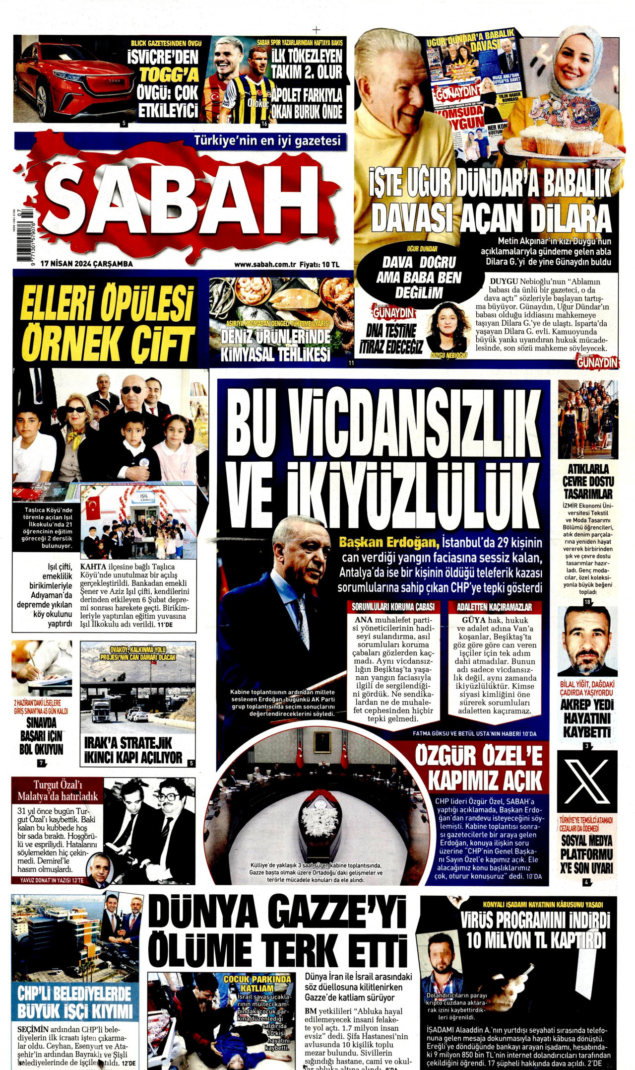 SABAH gazetesinin 17 Nisan 2024 tarihli birinci sayfası