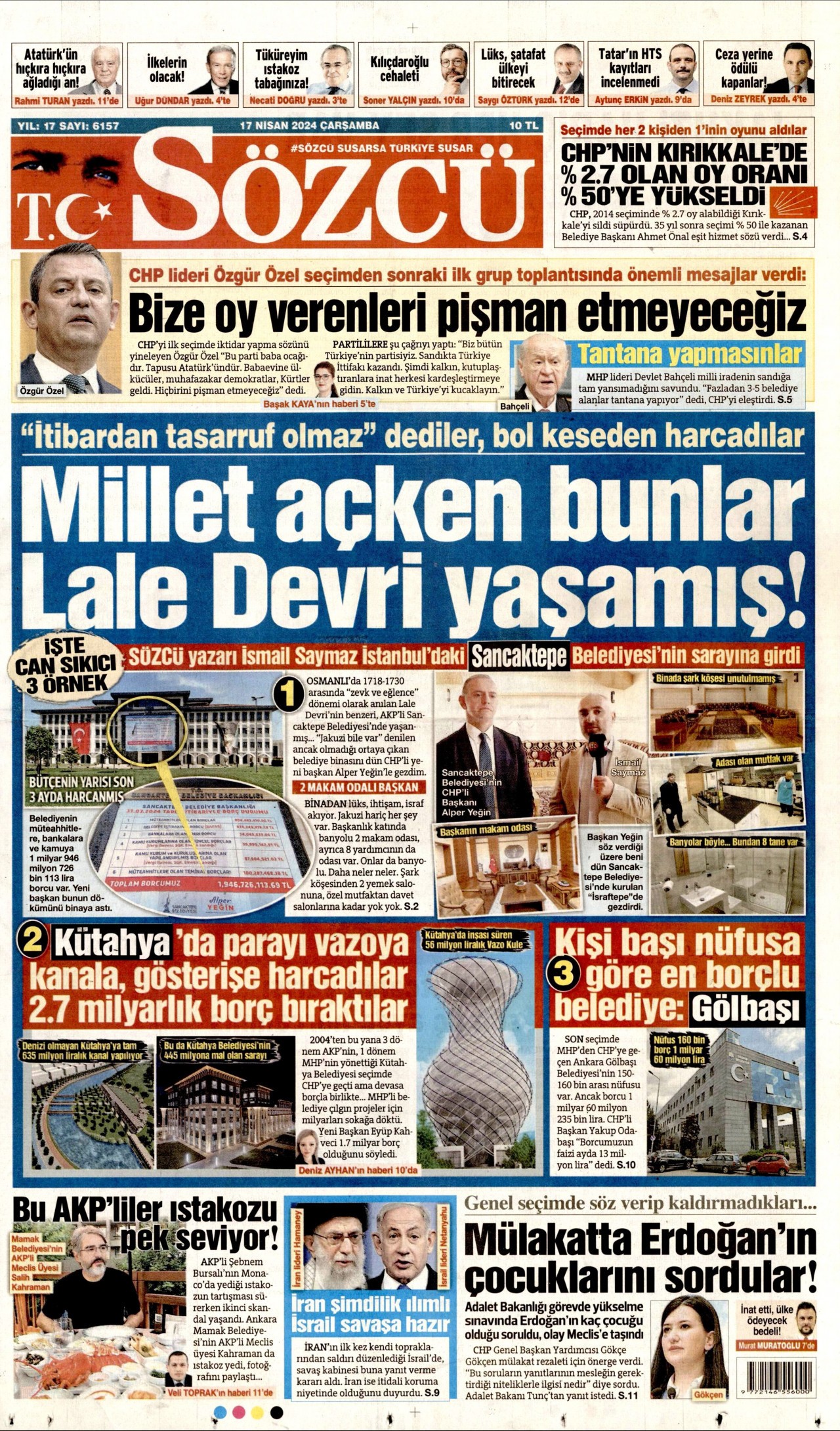 SÖZCÜ gazetesinin 17 Nisan 2024 tarihli birinci sayfası