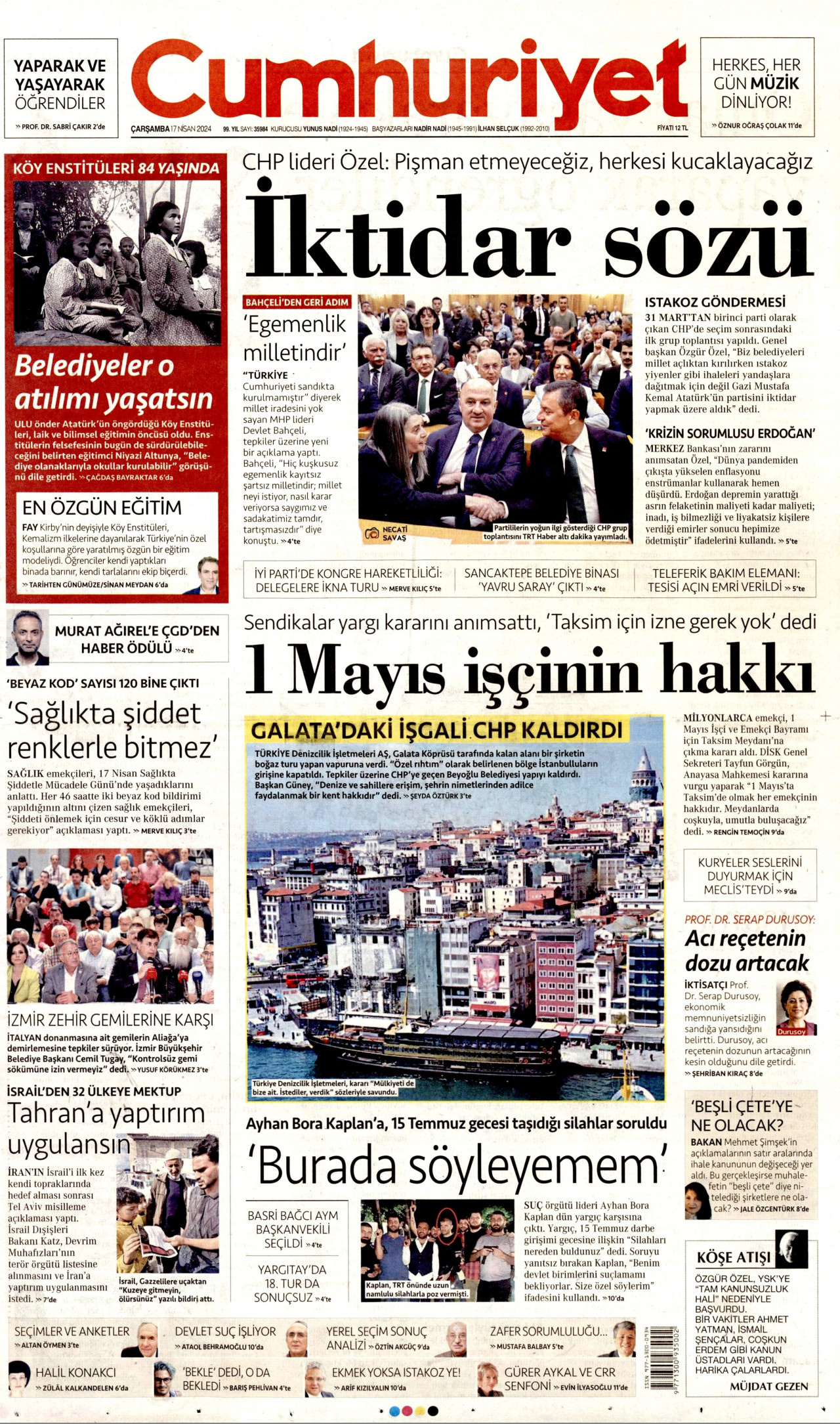 CUMHURİYET gazetesinin 17 Nisan 2024 tarihli birinci sayfası