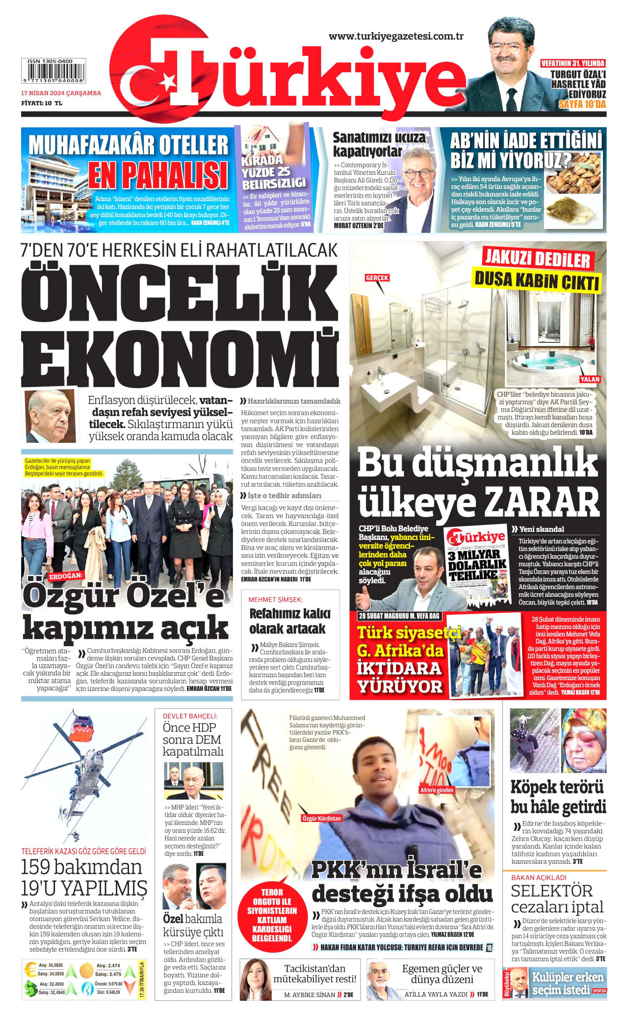 TÜRKİYE GAZETESİ gazetesinin 17 Nisan 2024 tarihli birinci sayfası