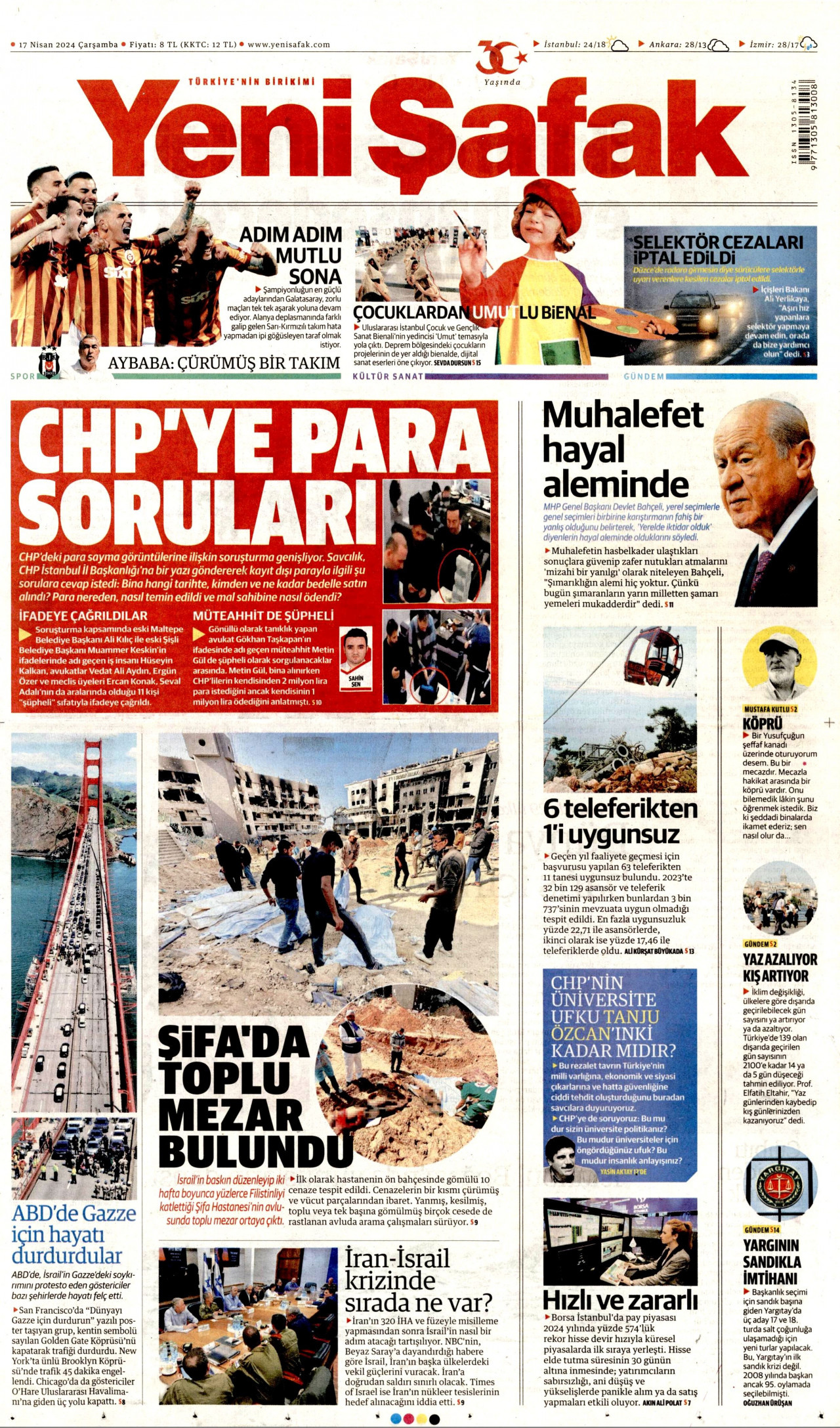YENİ ŞAFAK gazetesinin 17 Nisan 2024 tarihli birinci sayfası