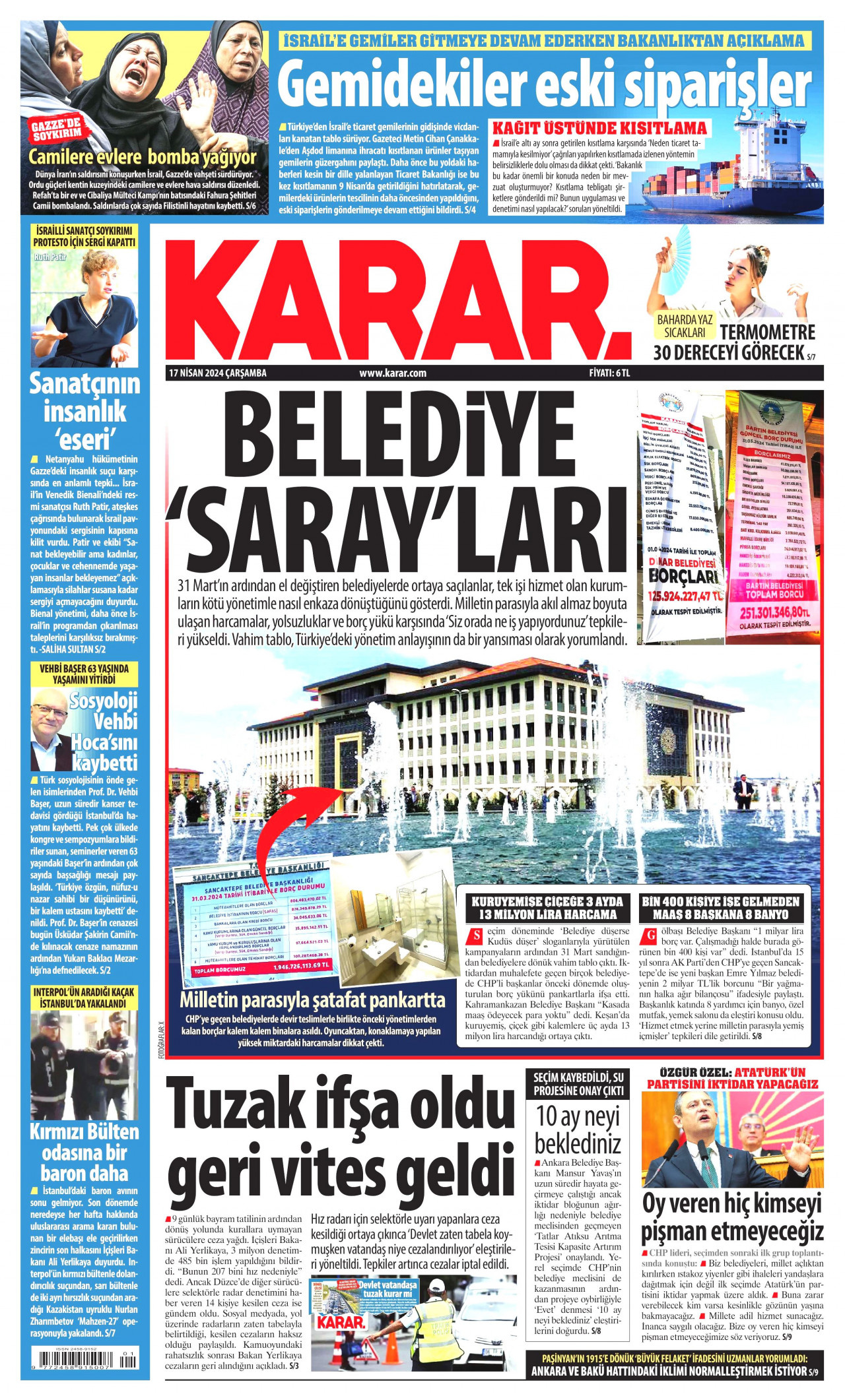 KARAR gazetesinin 17 Nisan 2024 tarihli birinci sayfası