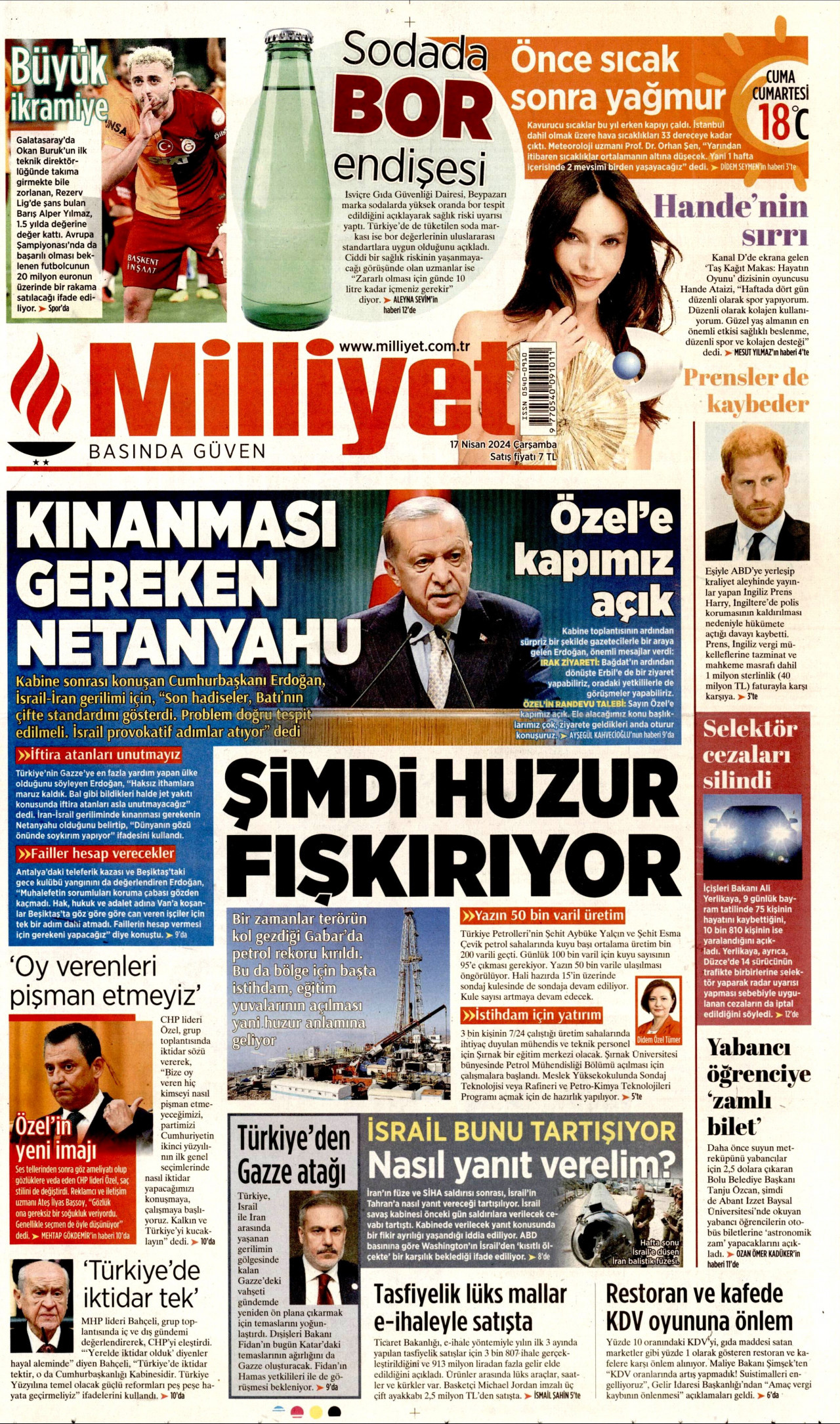 MİLLİYET gazetesinin 17 Nisan 2024 tarihli birinci sayfası