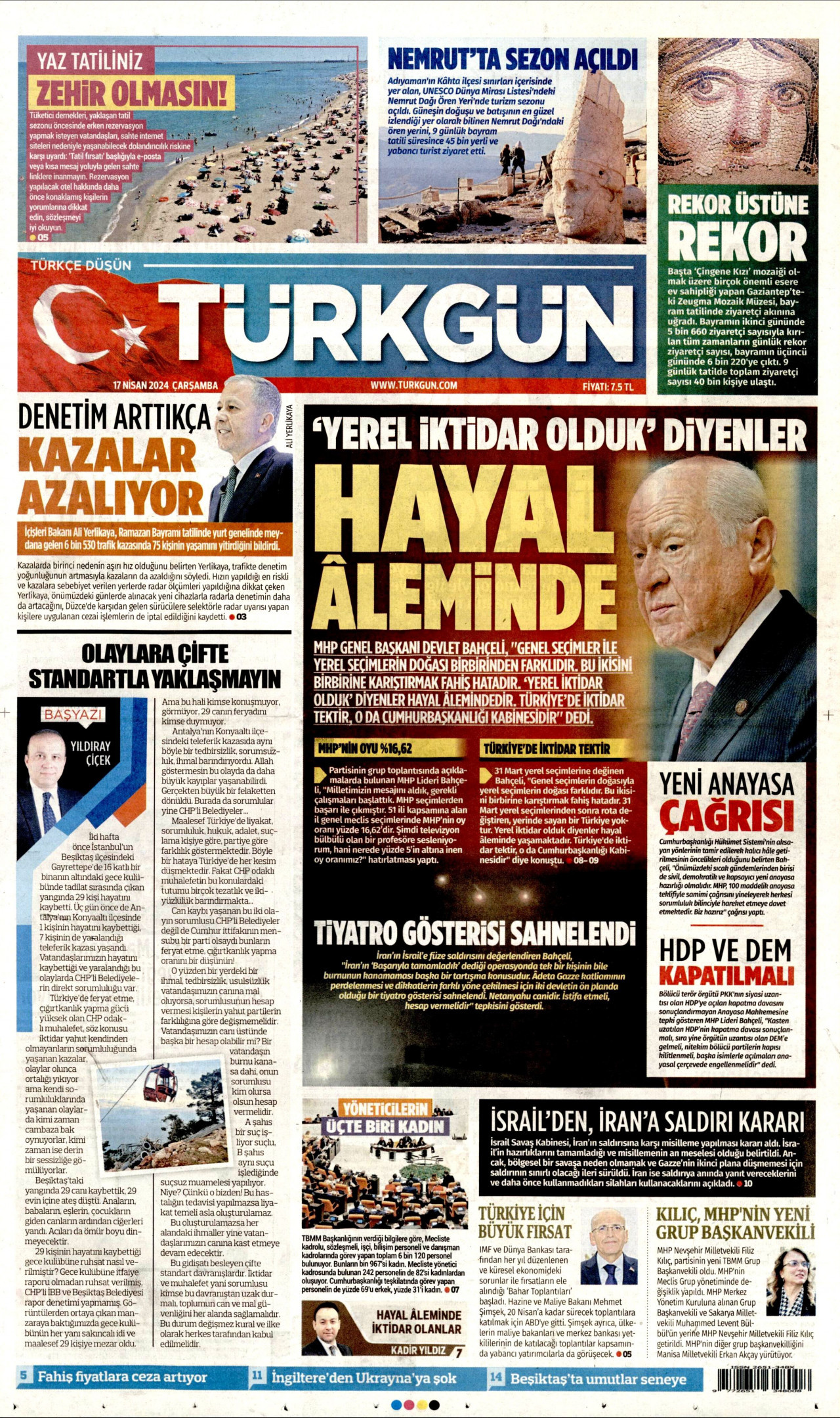 TÜRKGÜN gazetesinin 17 Nisan 2024 tarihli birinci sayfası