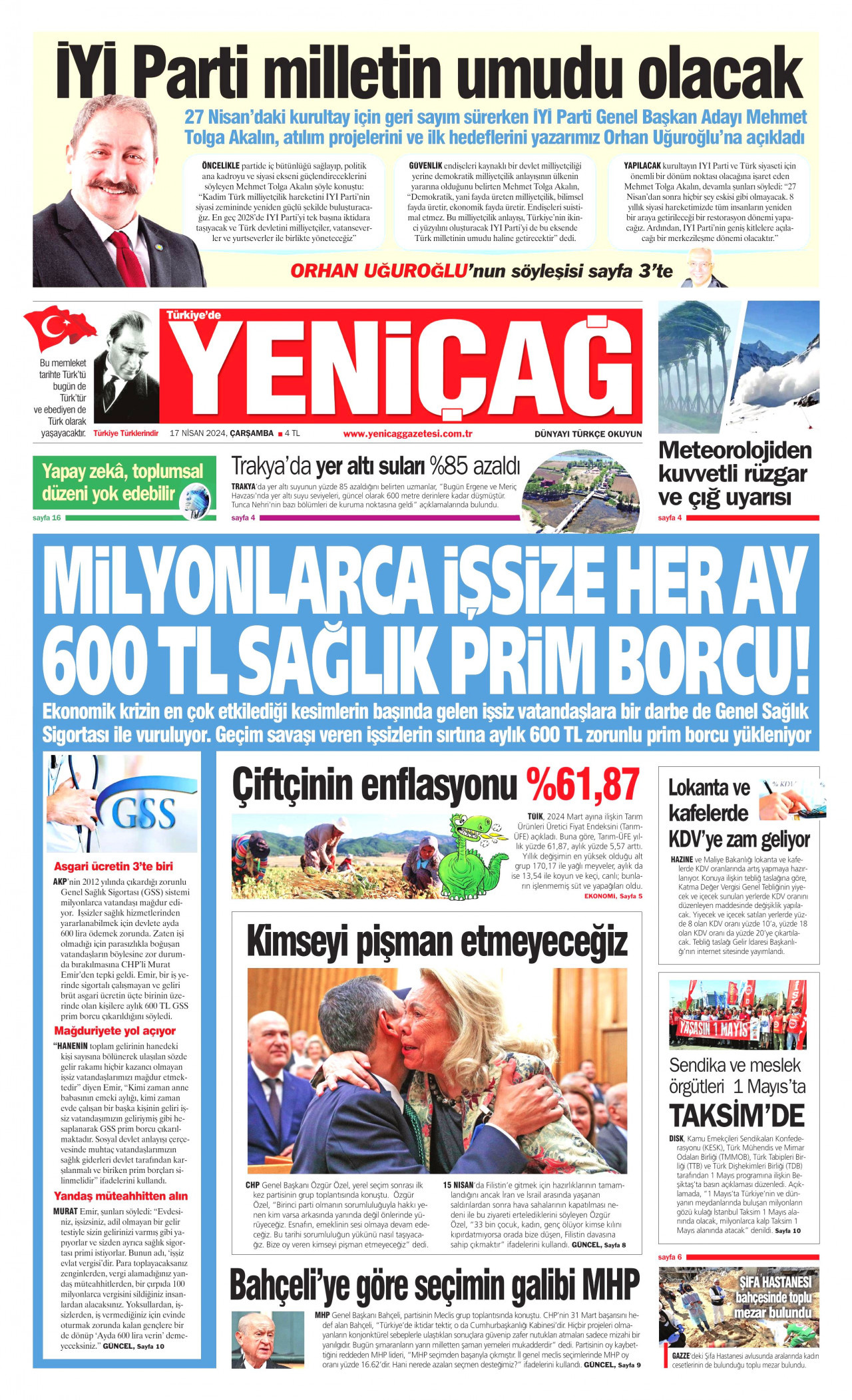 YENİÇAĞ gazetesinin 17 Nisan 2024 tarihli birinci sayfası