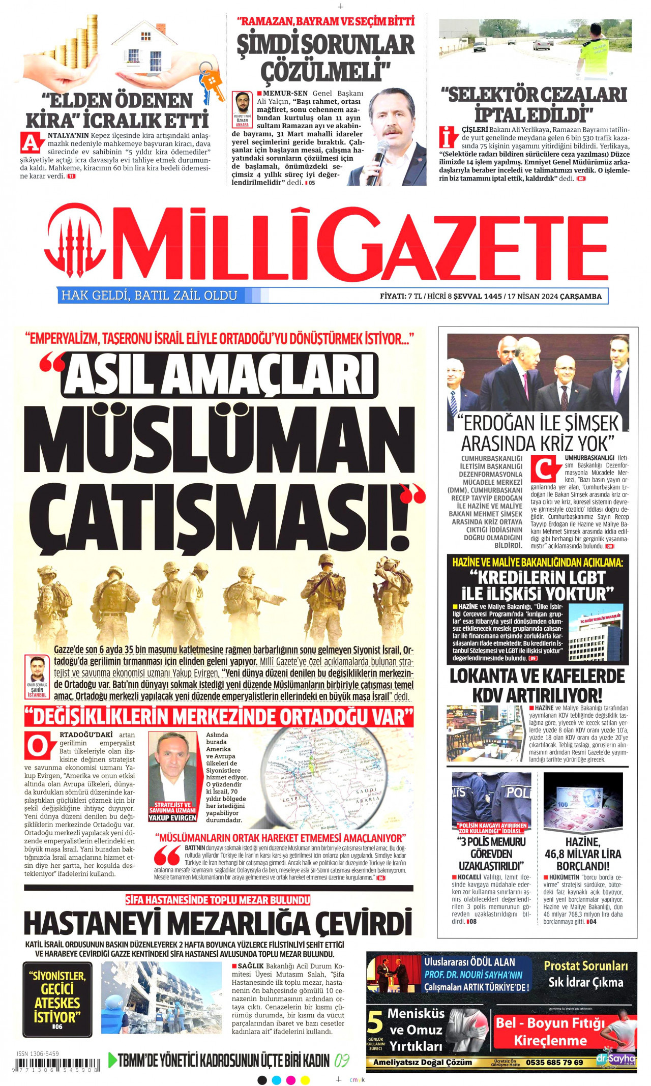 MİLLİ GAZETE gazetesinin 17 Nisan 2024 tarihli birinci sayfası