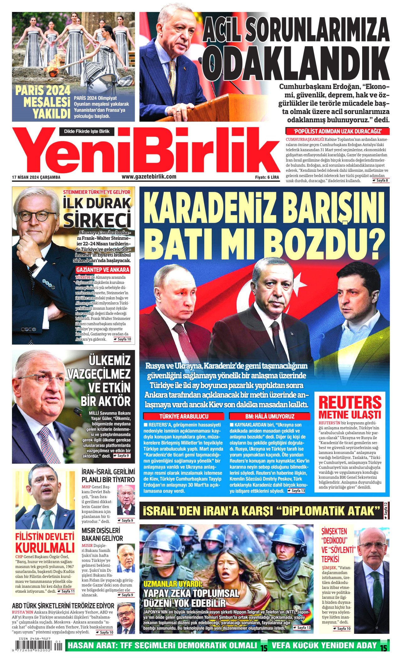YENİBİRLİK gazetesinin 17 Nisan 2024 tarihli birinci sayfası