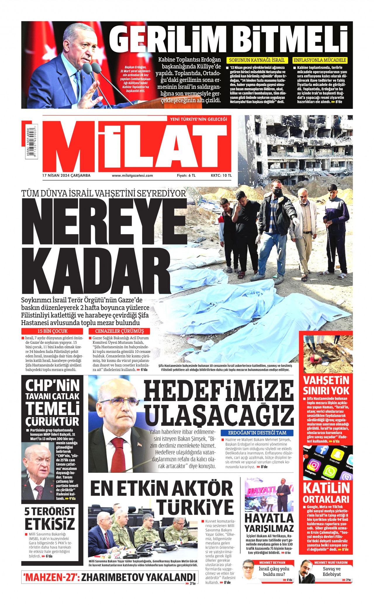 MİLAT gazetesinin 17 Nisan 2024 tarihli birinci sayfası