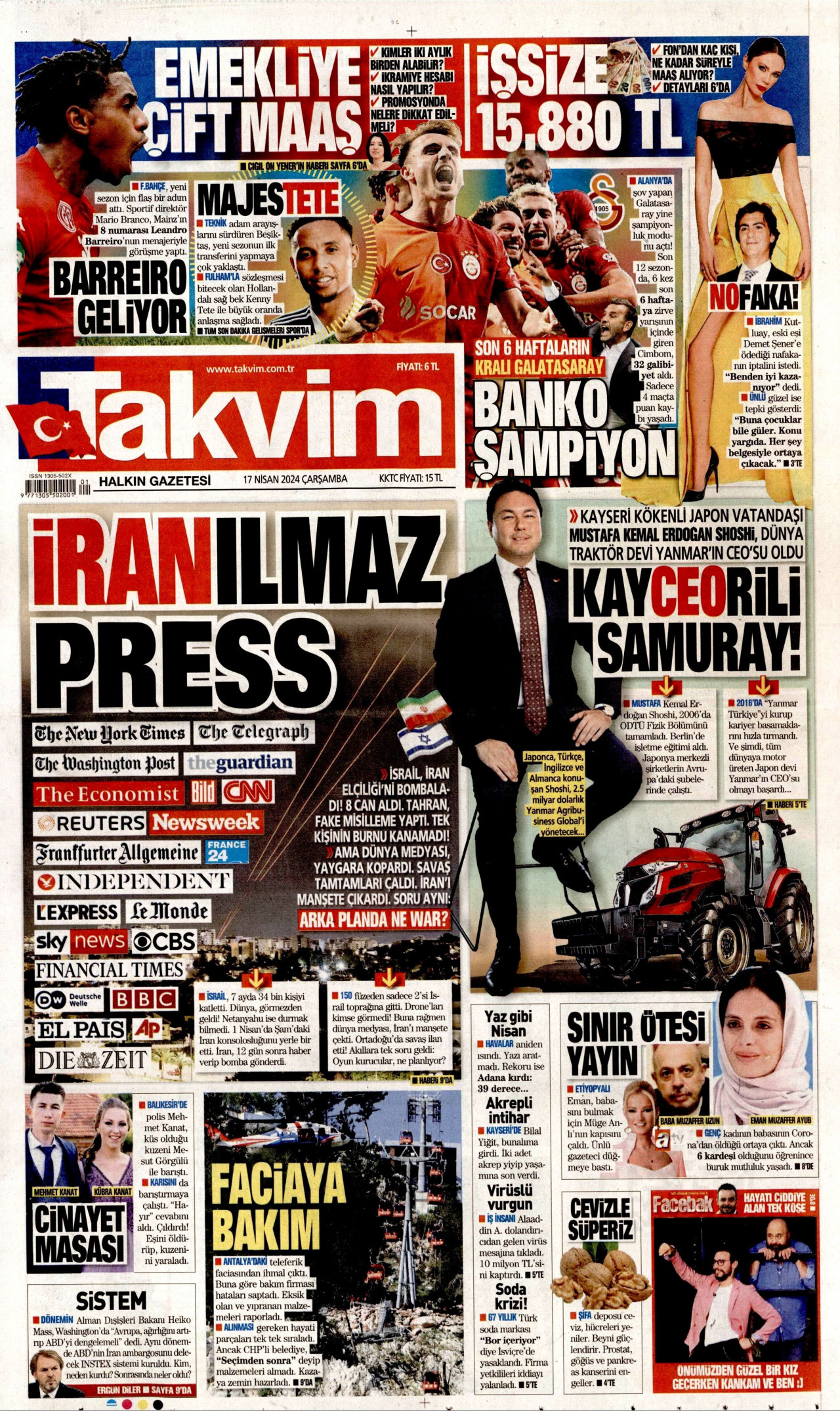 TAKVİM gazetesinin 17 Nisan 2024 tarihli birinci sayfası