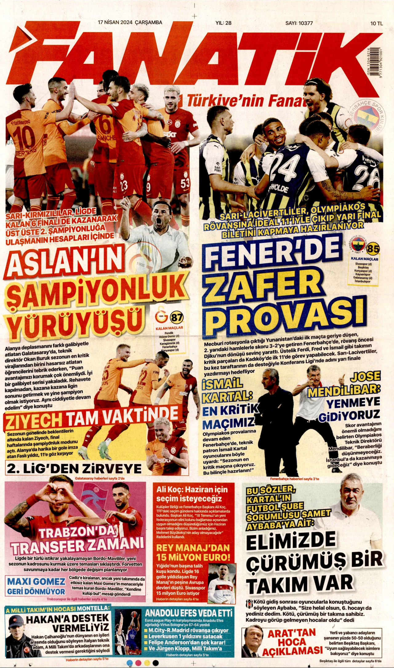 FANATİK gazetesinin 17 Nisan 2024 tarihli birinci sayfası