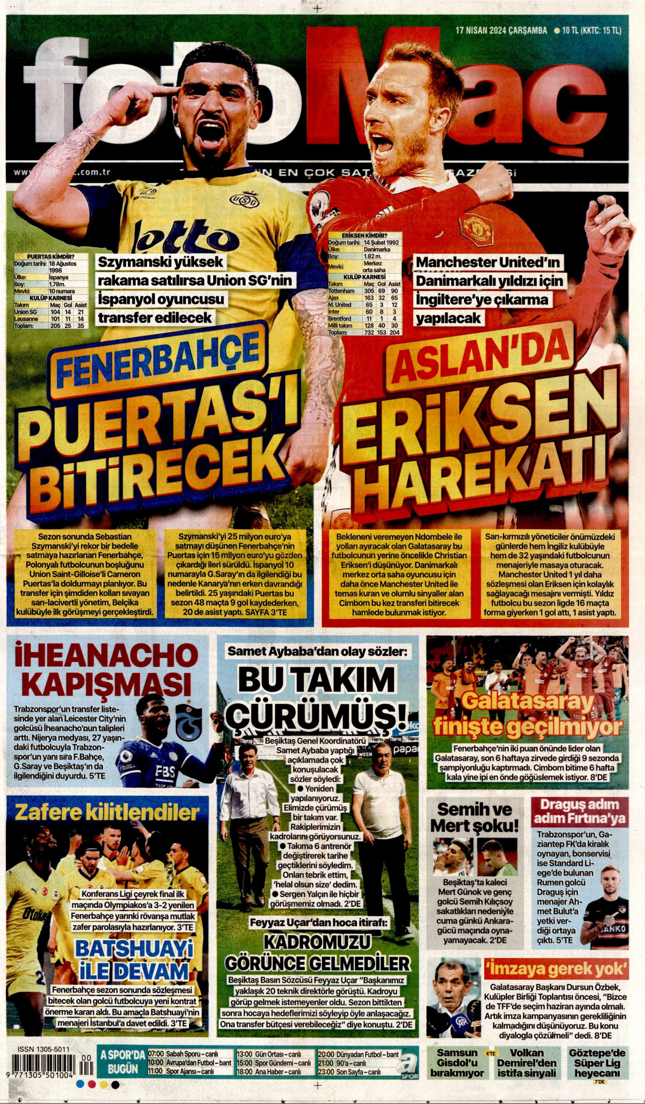 FOTOMAÇ gazetesinin 17 Nisan 2024 tarihli birinci sayfası