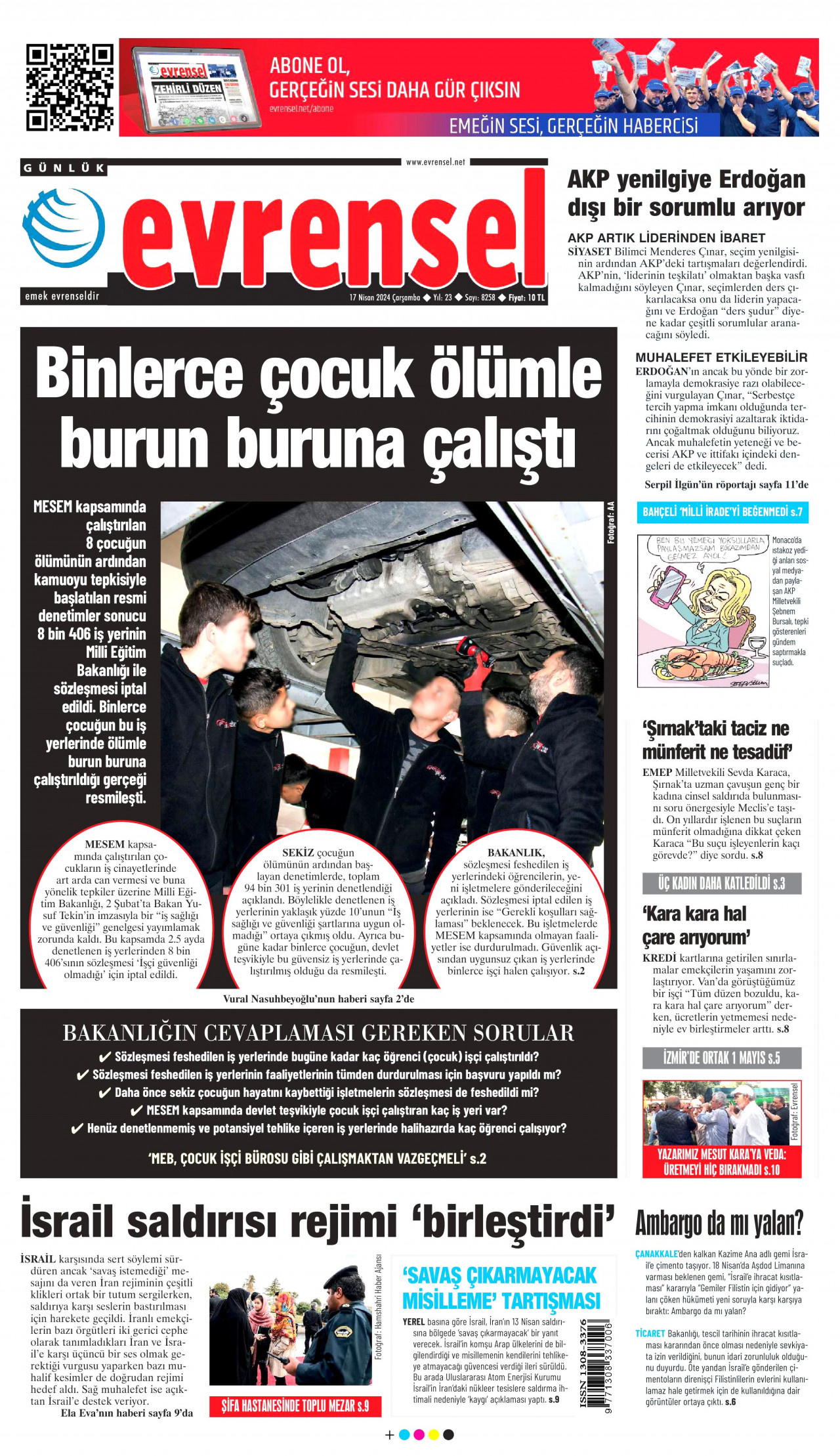 EVRENSEL gazetesinin 17 Nisan 2024 tarihli birinci sayfası