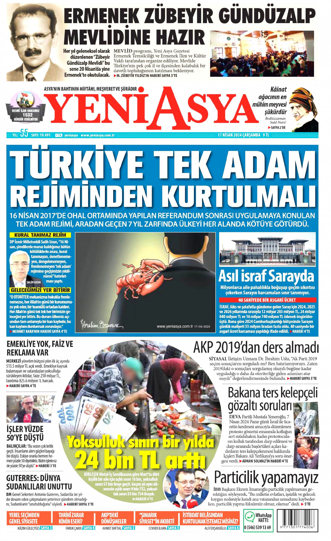 YENİ ASYA gazetesinin 17 Nisan 2024 tarihli birinci sayfası