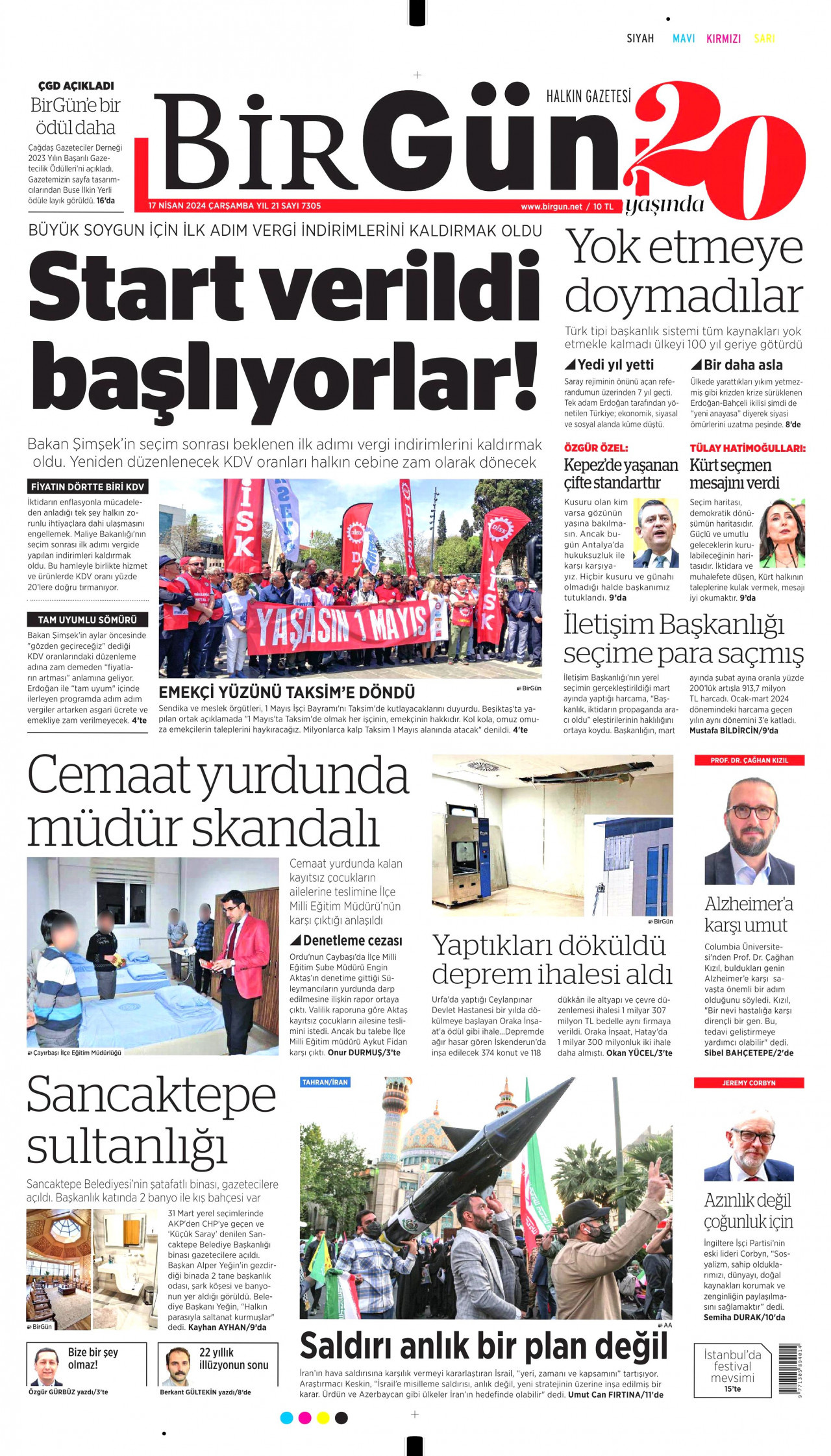 BİRGÜN gazetesinin 17 Nisan 2024 tarihli birinci sayfası