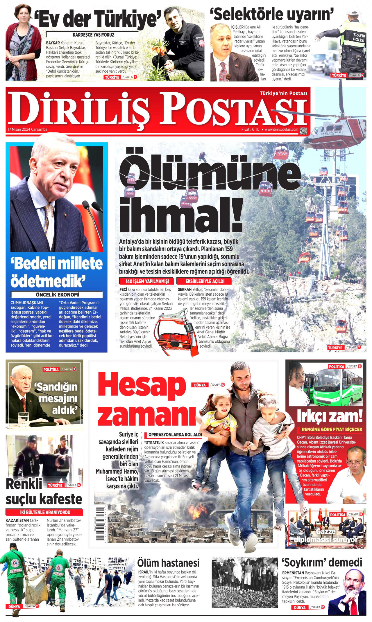 DİRİLİŞ POSTASI gazetesinin 17 Nisan 2024 tarihli birinci sayfası