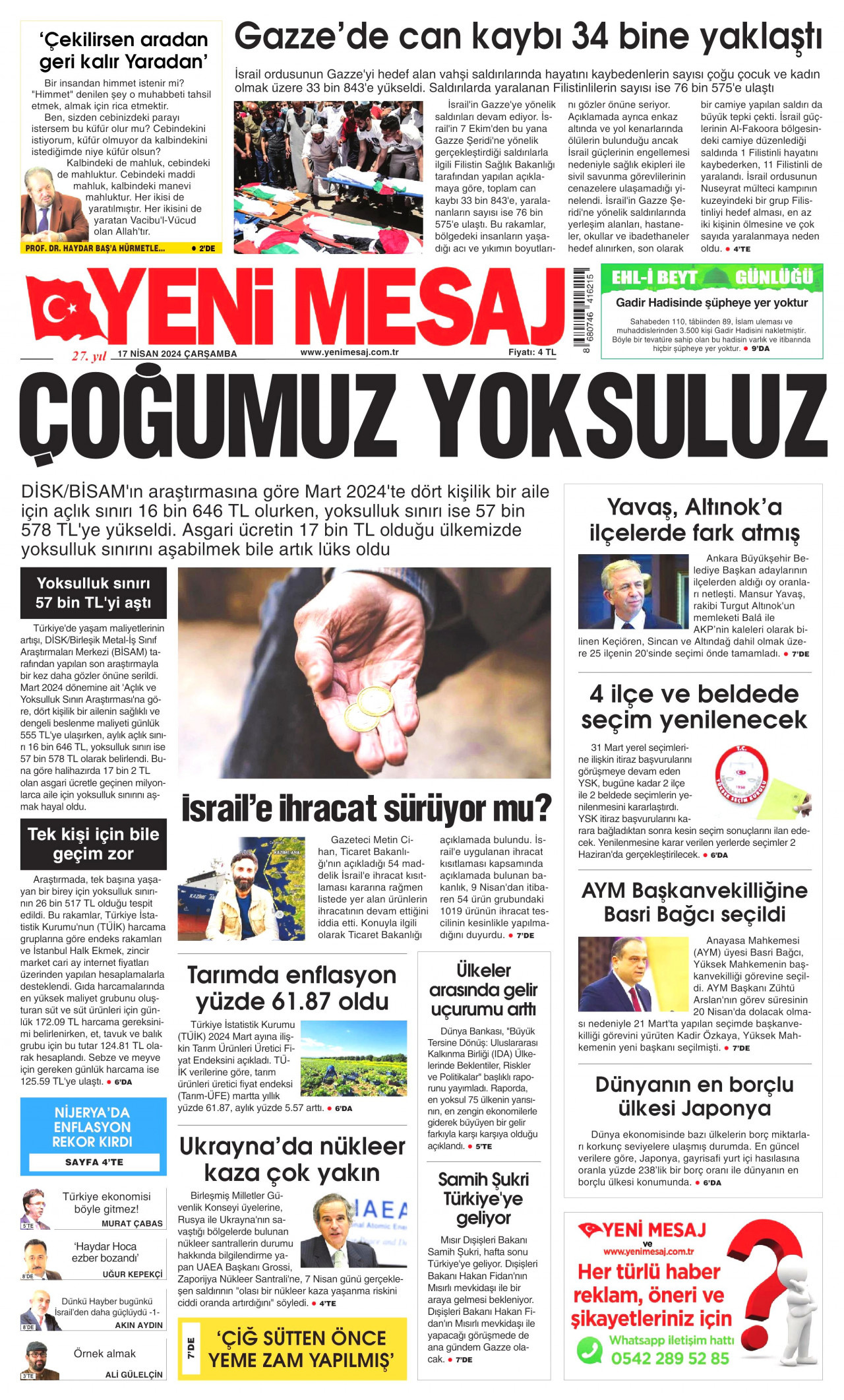 YENİ MESAJ gazetesinin 17 Nisan 2024 tarihli birinci sayfası