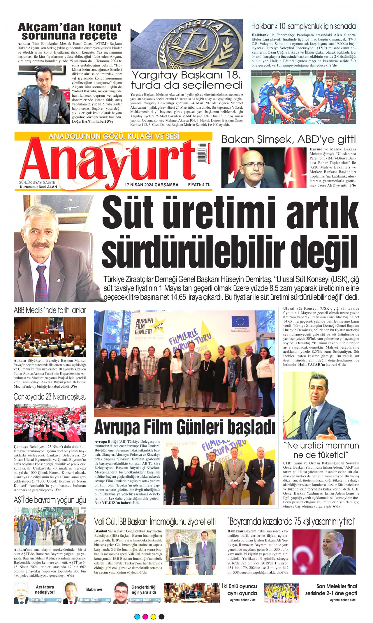 ANAYURT gazetesinin 17 Nisan 2024 tarihli birinci sayfası