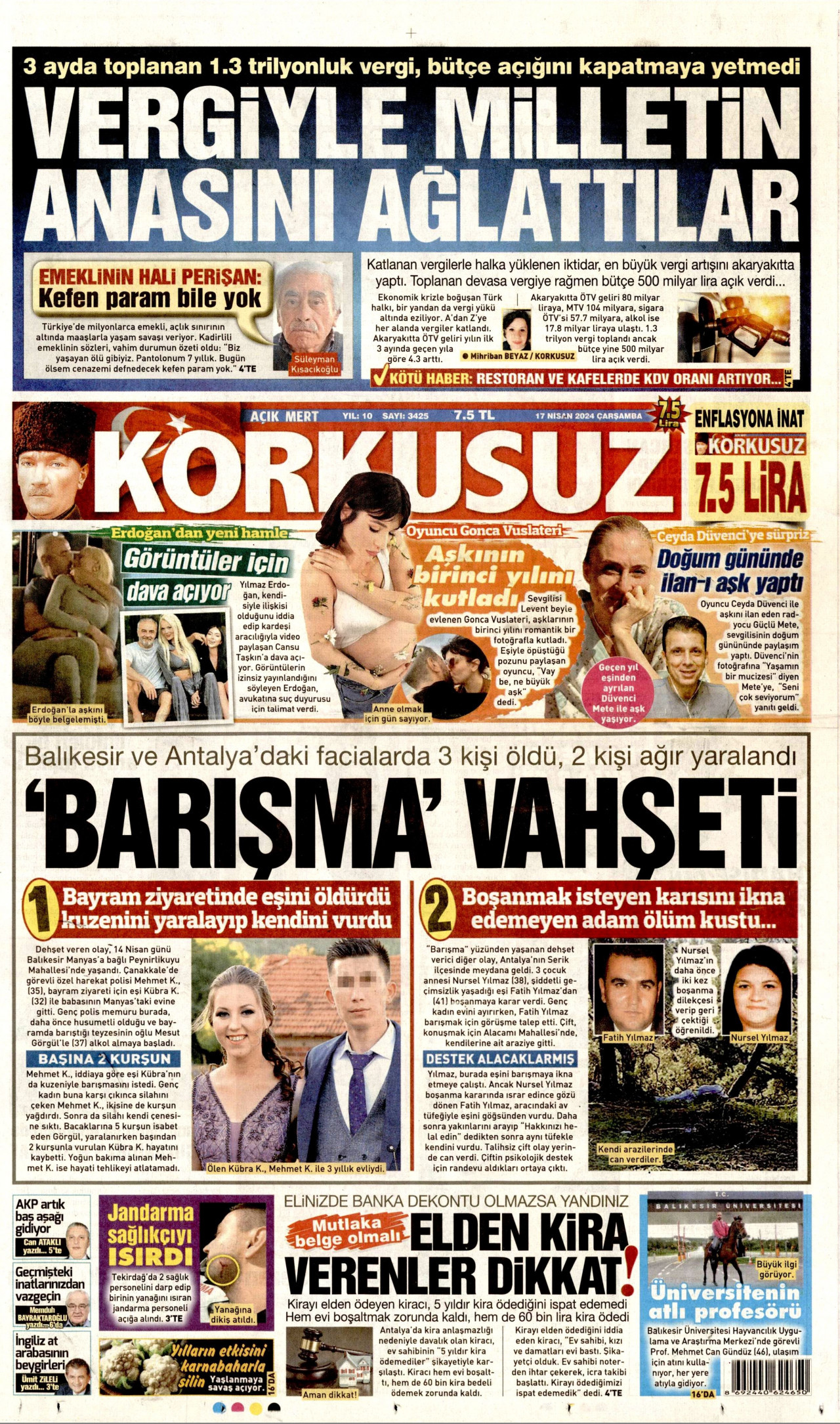 KORKUSUZ gazetesinin 17 Nisan 2024 tarihli birinci sayfası