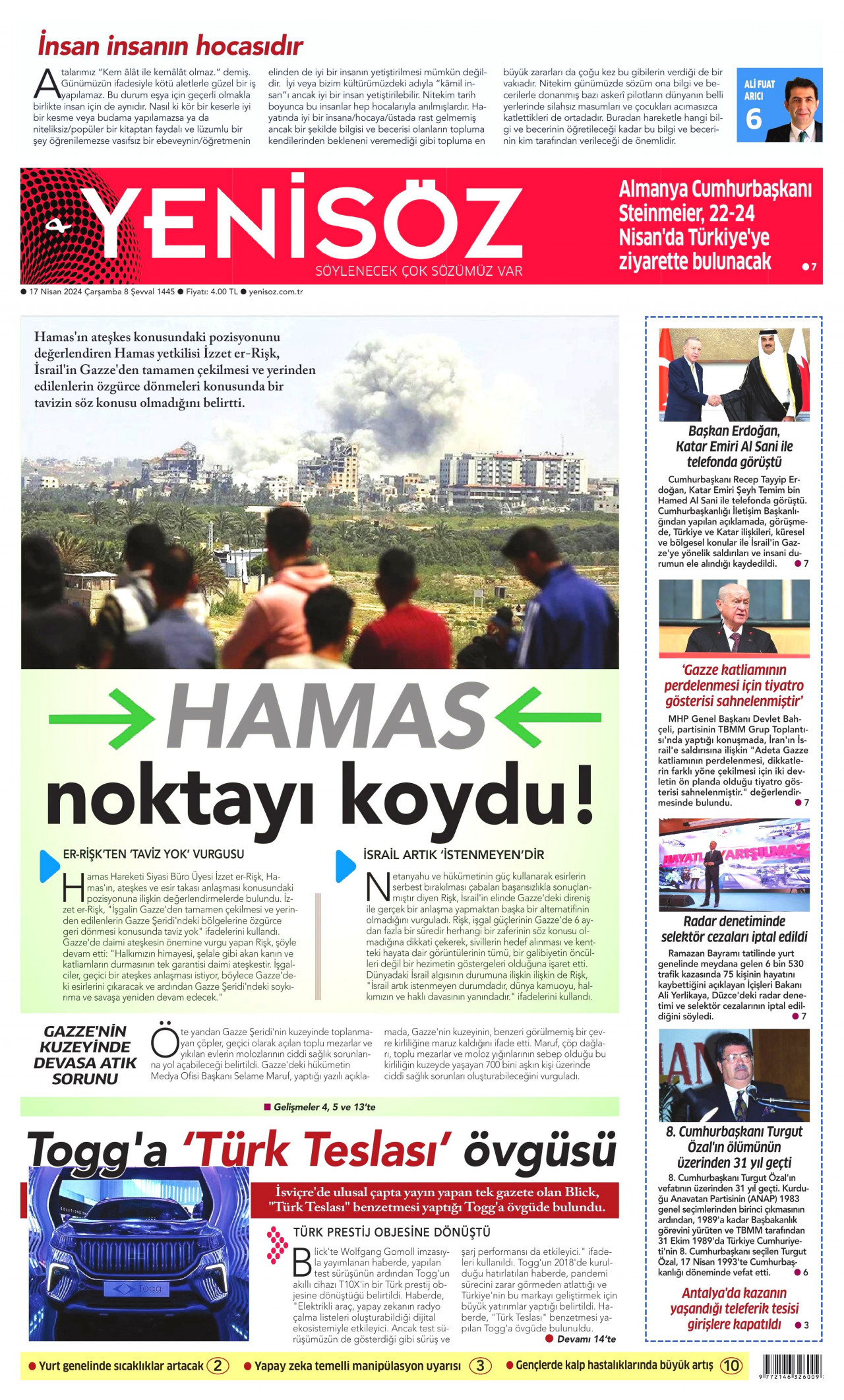 YENİ SÖZ GAZETESİ gazetesinin 17 Nisan 2024 tarihli birinci sayfası