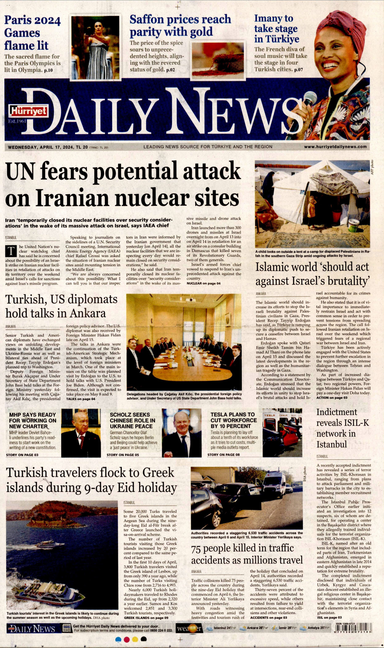 HÜRRİYET DAİLY NEWS gazetesinin 17 Nisan 2024 tarihli birinci sayfası