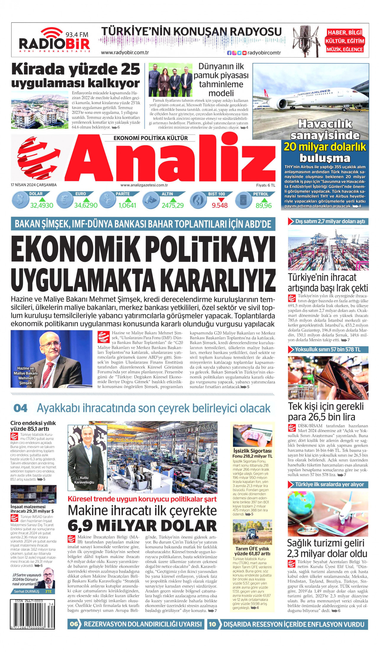 ANALİZ gazetesinin 17 Nisan 2024 tarihli birinci sayfası