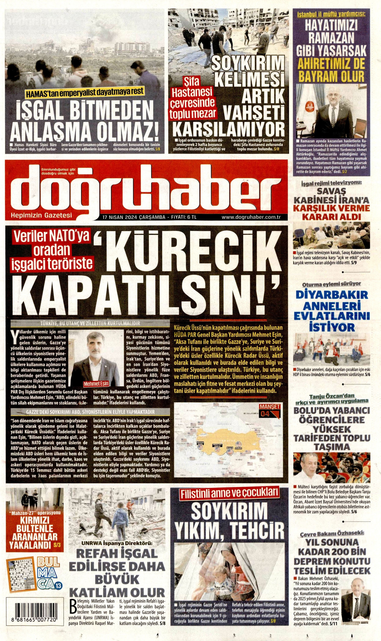 DOĞRU HABER gazetesinin 17 Nisan 2024 tarihli birinci sayfası