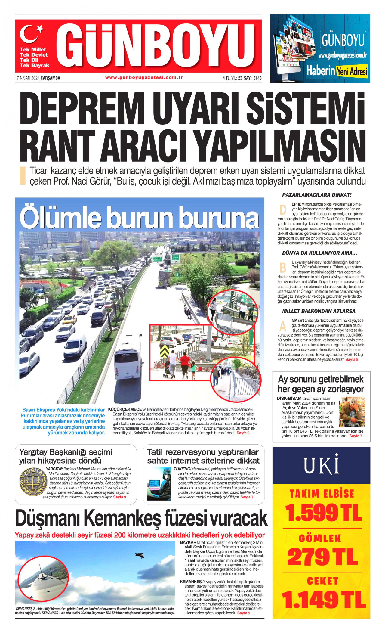 GÜNBOYU gazetesinin 17 Nisan 2024 tarihli birinci sayfası