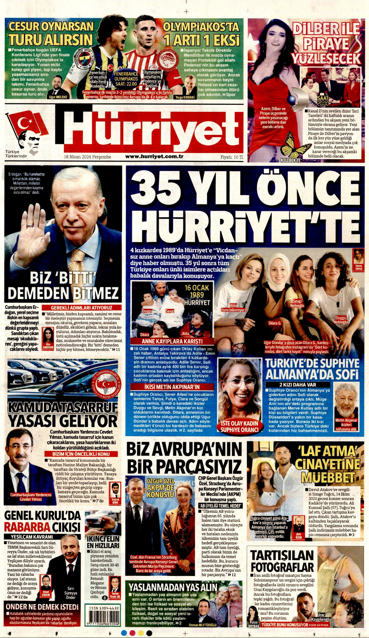 HÜRRİYET gazetesinin 18 Nisan 2024 tarihli birinci sayfası