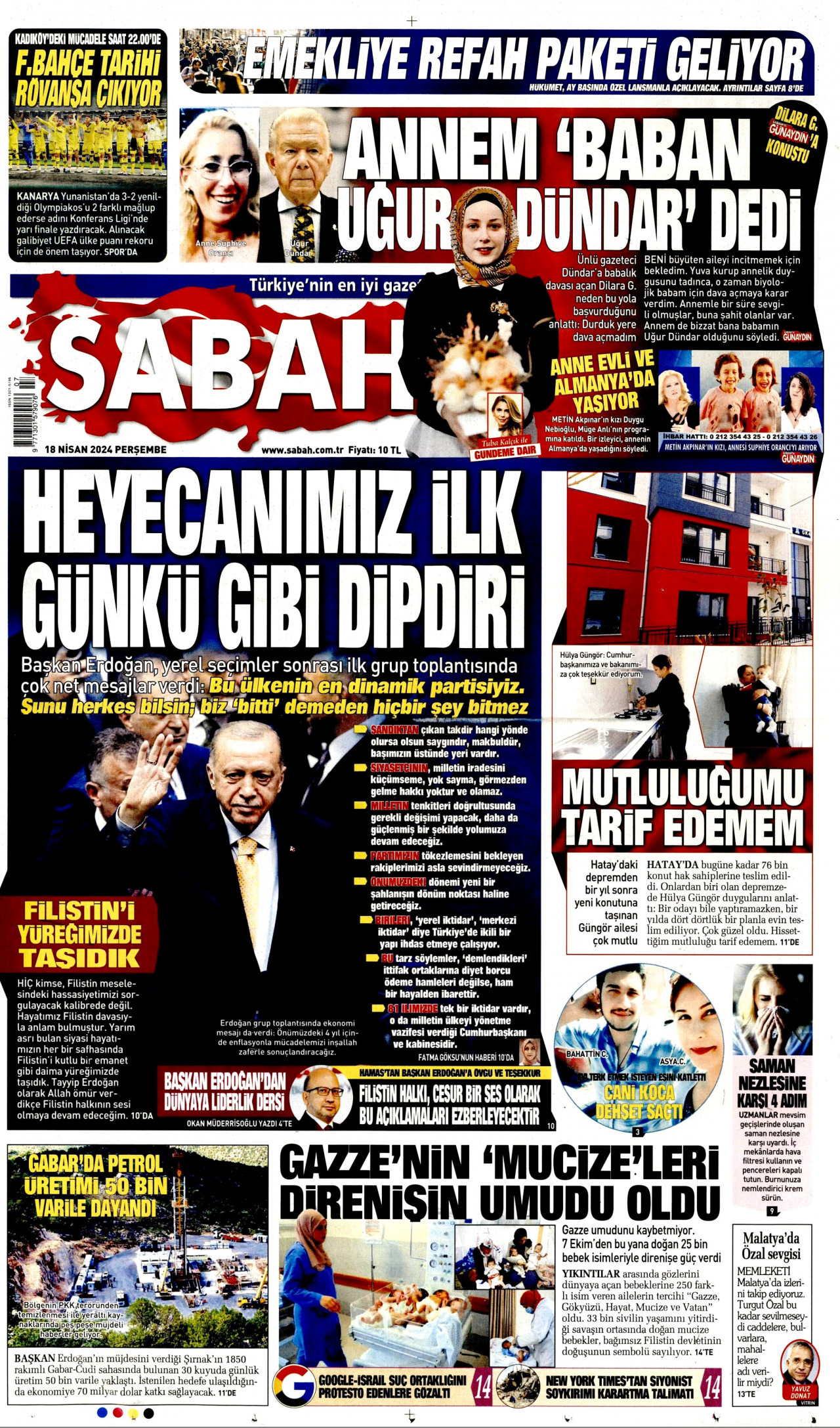 SABAH gazetesinin 18 Nisan 2024 tarihli birinci sayfası