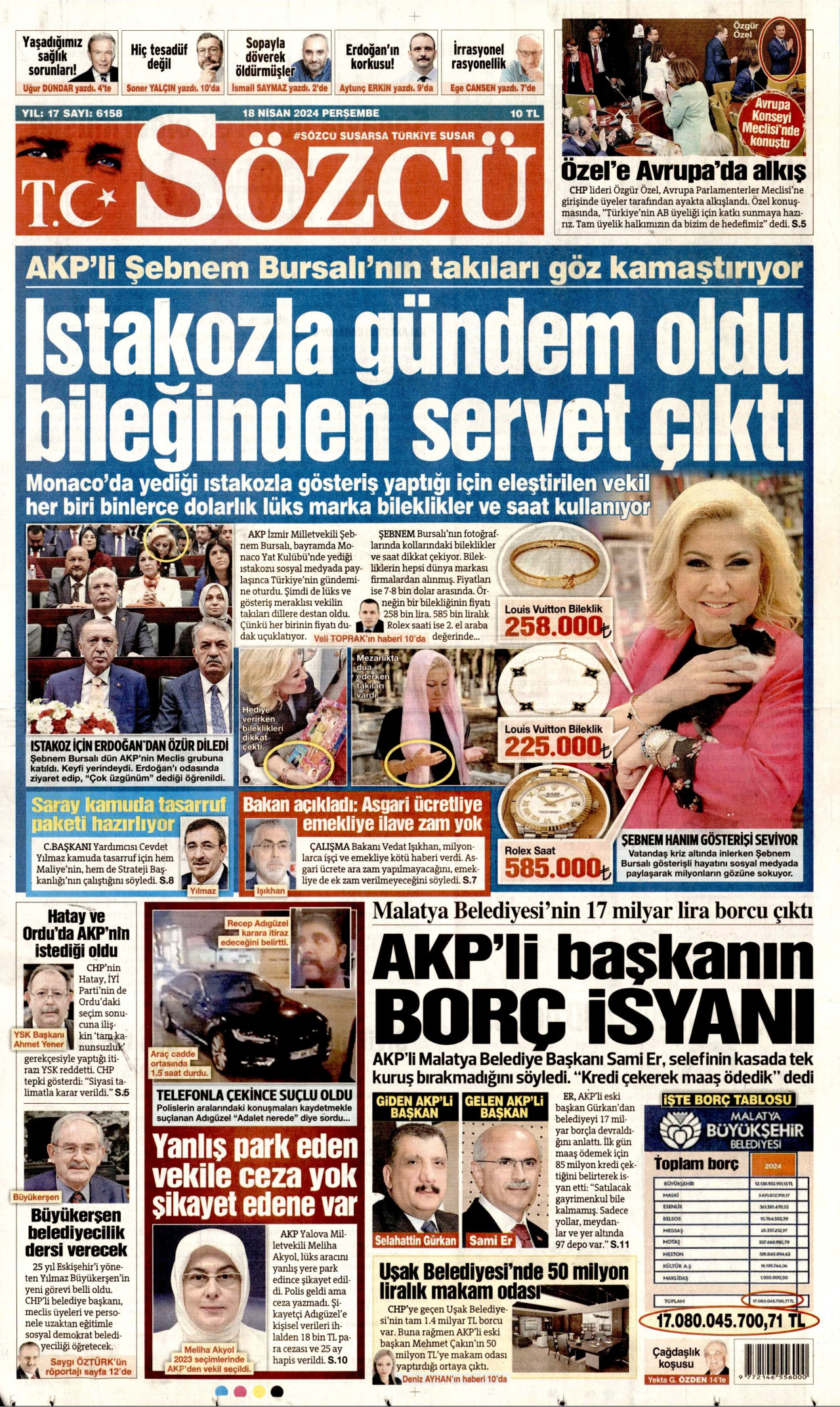 SÖZCÜ gazetesinin 18 Nisan 2024 tarihli birinci sayfası