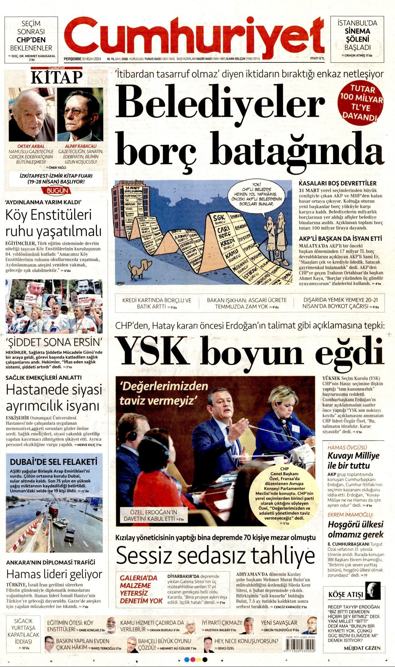 CUMHURİYET gazetesinin 18 Nisan 2024 tarihli birinci sayfası