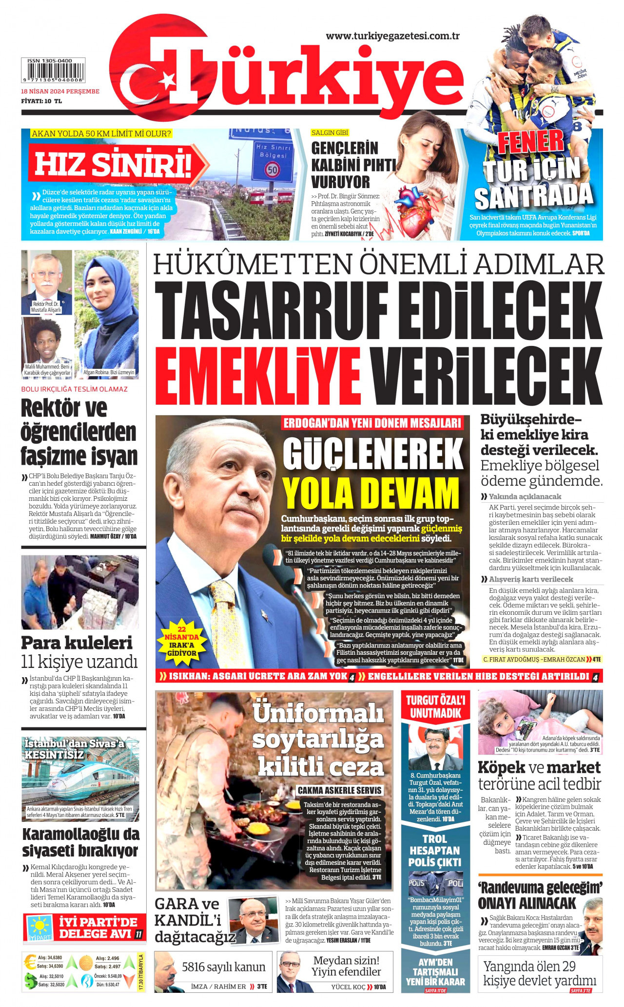 TÜRKİYE GAZETESİ gazetesinin 18 Nisan 2024 tarihli birinci sayfası
