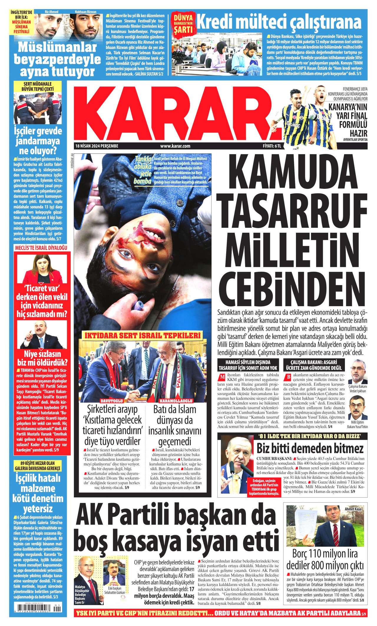 KARAR gazetesinin 18 Nisan 2024 tarihli birinci sayfası