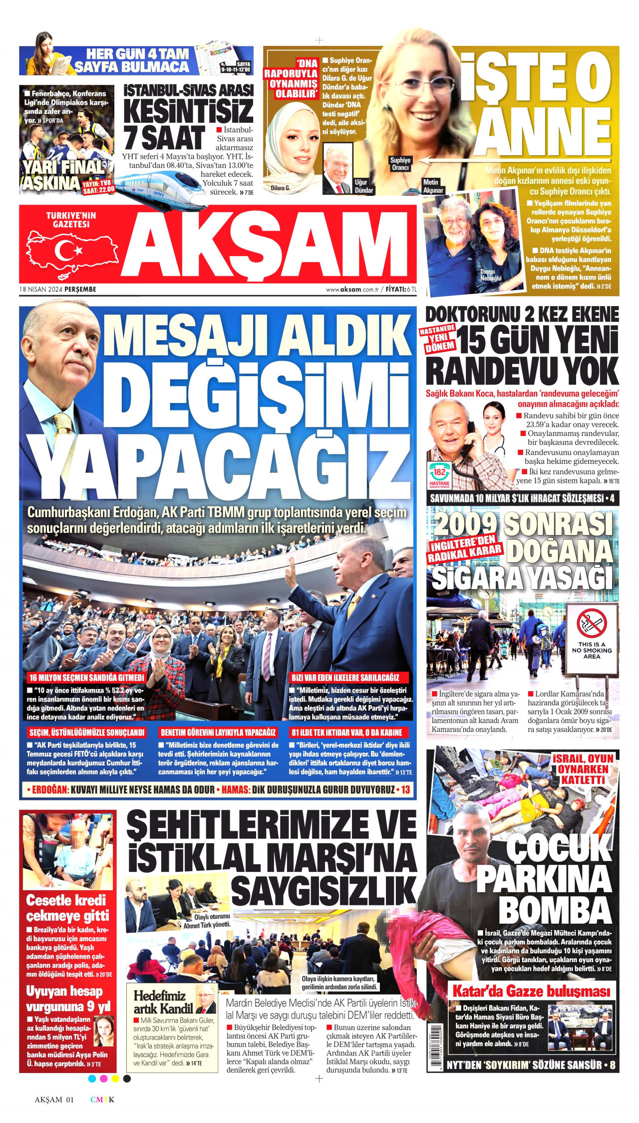 AKŞAM gazetesinin 18 Nisan 2024 tarihli birinci sayfası