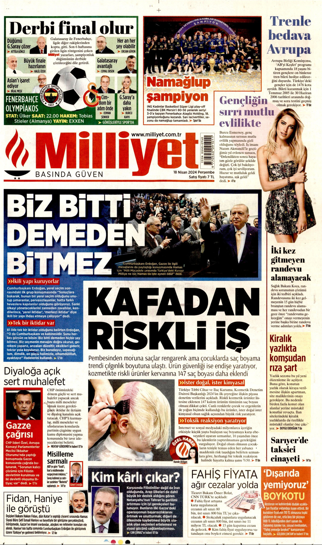 MİLLİYET gazetesinin 18 Nisan 2024 tarihli birinci sayfası