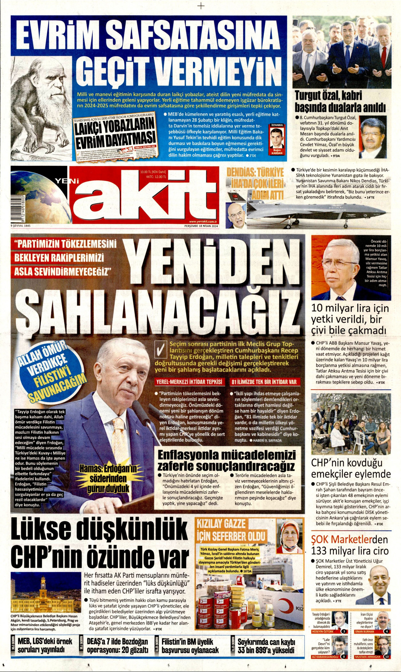 YENİ AKİT gazetesinin 18 Nisan 2024 tarihli birinci sayfası