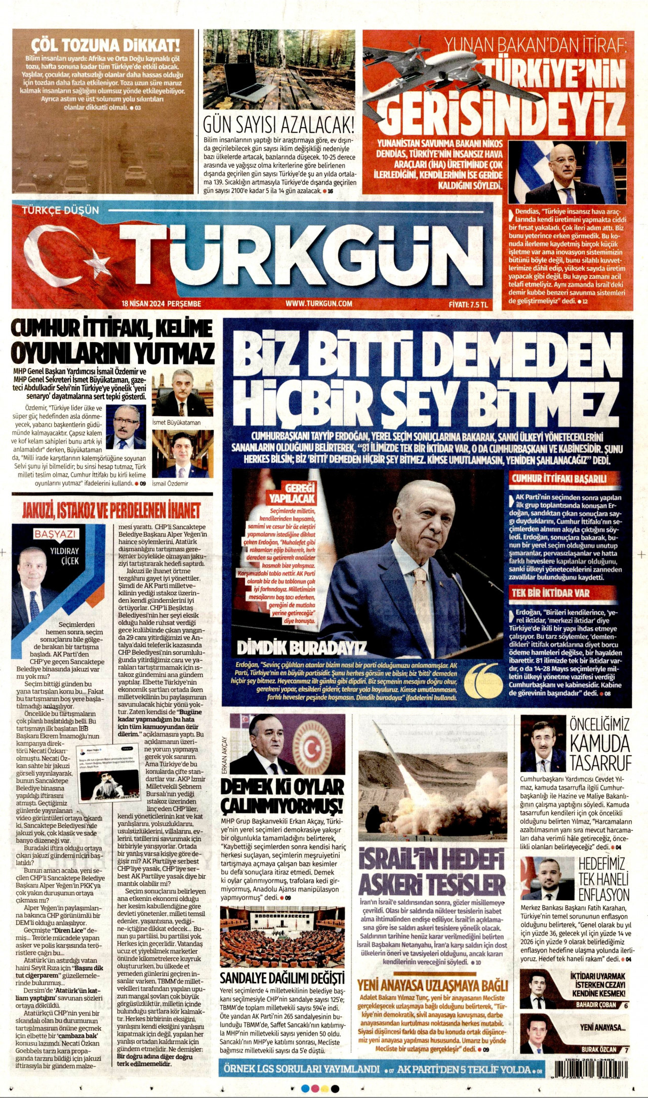 TÜRKGÜN gazetesinin 18 Nisan 2024 tarihli birinci sayfası