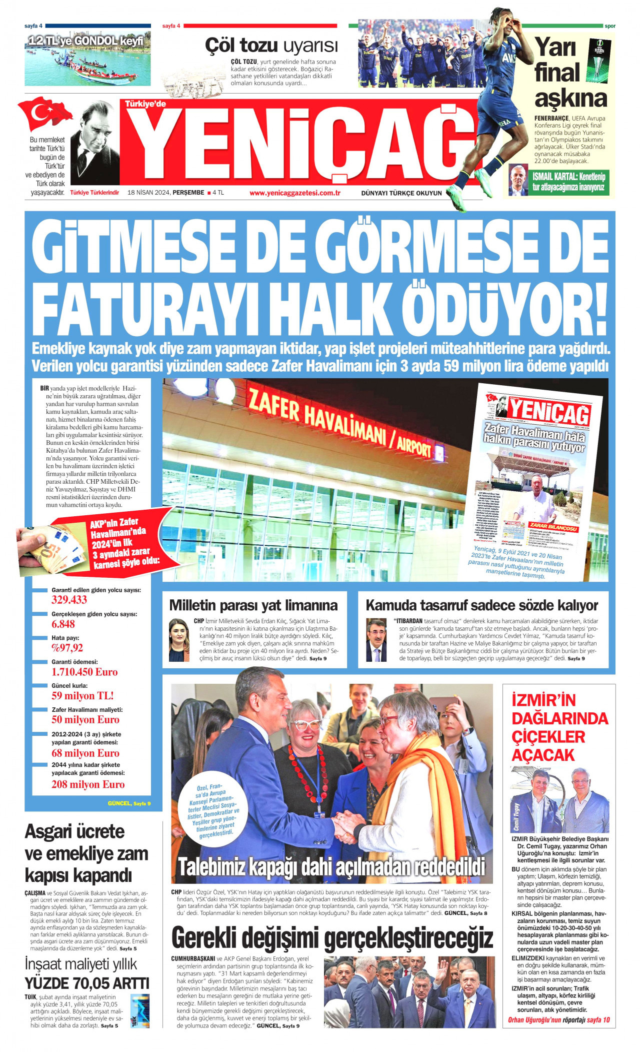 YENİÇAĞ gazetesinin 18 Nisan 2024 tarihli birinci sayfası