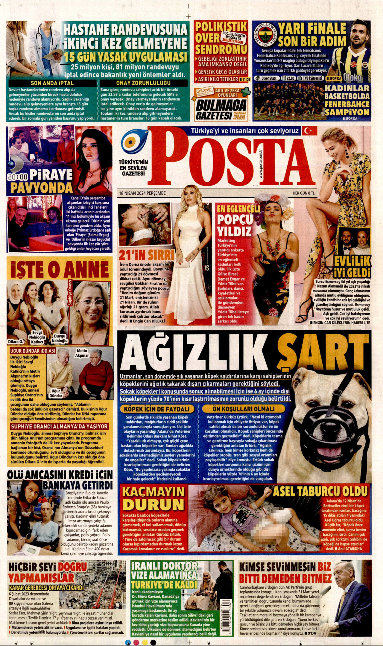 POSTA gazetesinin 18 Nisan 2024 tarihli birinci sayfası