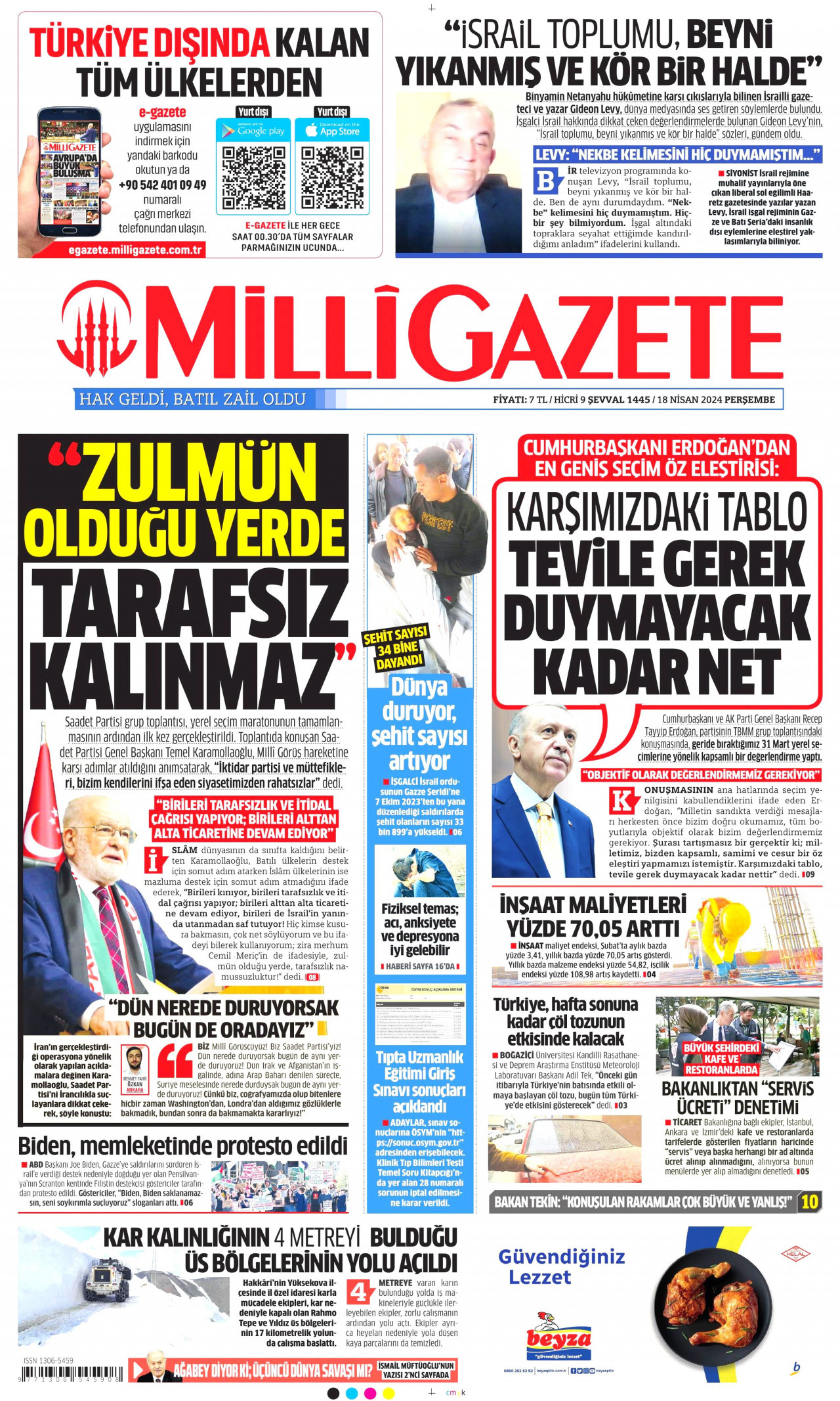 MİLLİ GAZETE gazetesinin 18 Nisan 2024 tarihli birinci sayfası