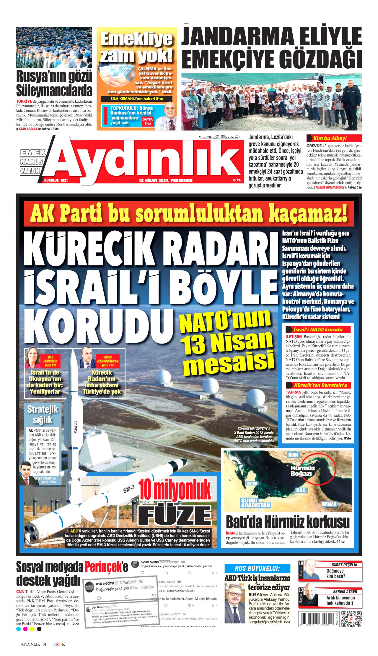 AYDINLIK GAZETESİ gazetesinin 18 Nisan 2024 tarihli birinci sayfası