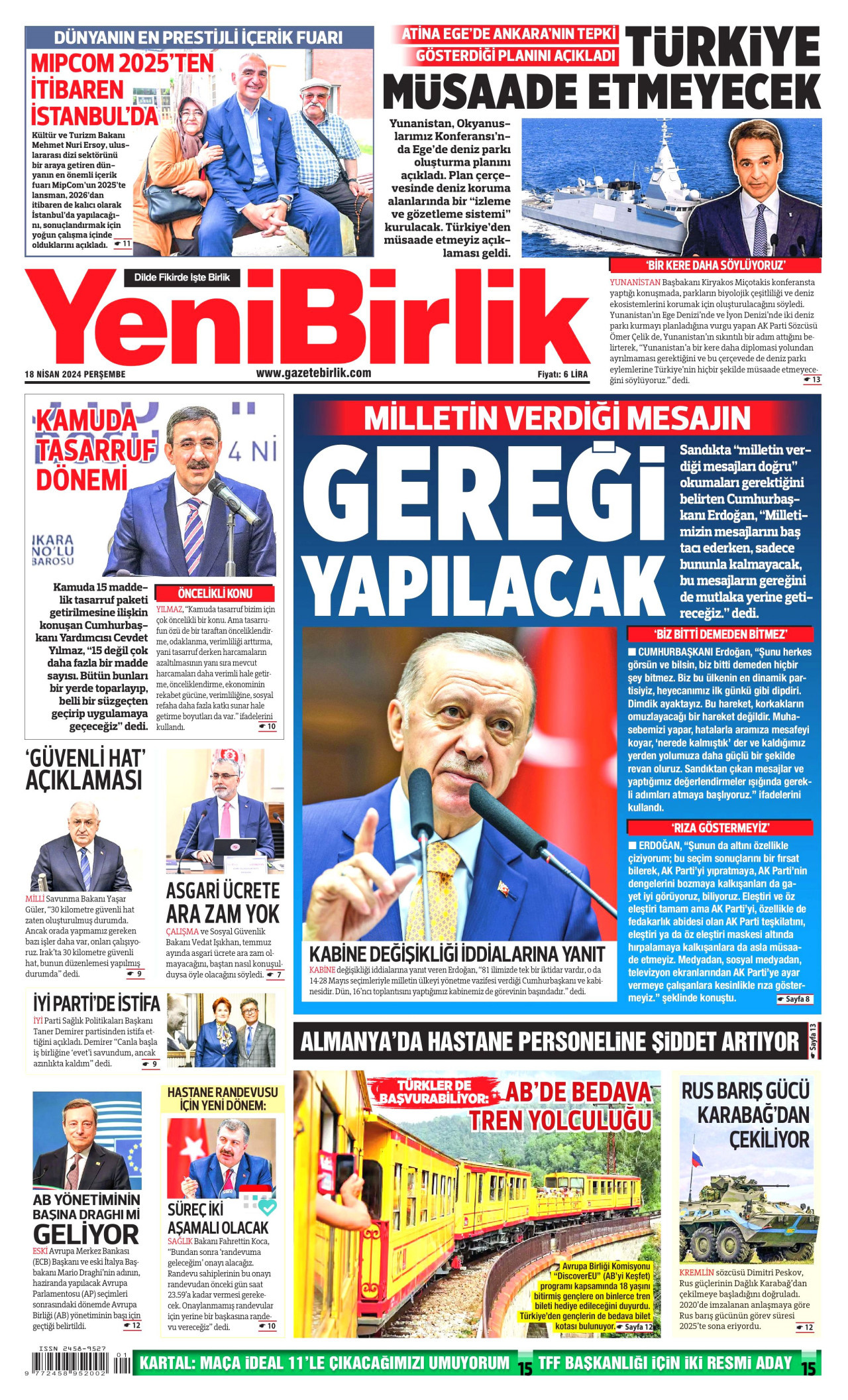 YENİBİRLİK gazetesinin 18 Nisan 2024 tarihli birinci sayfası