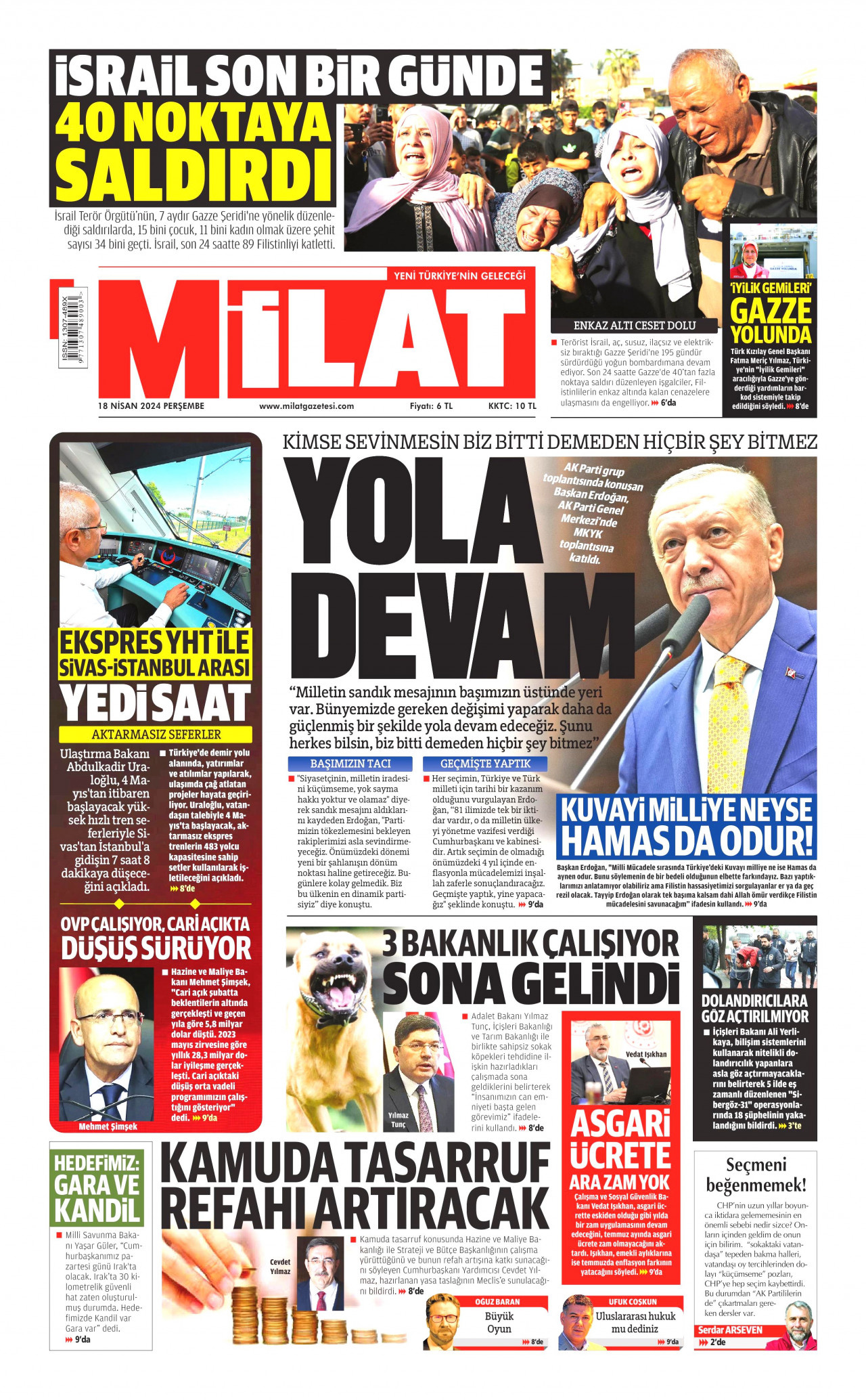 MİLAT gazetesinin 18 Nisan 2024 tarihli birinci sayfası