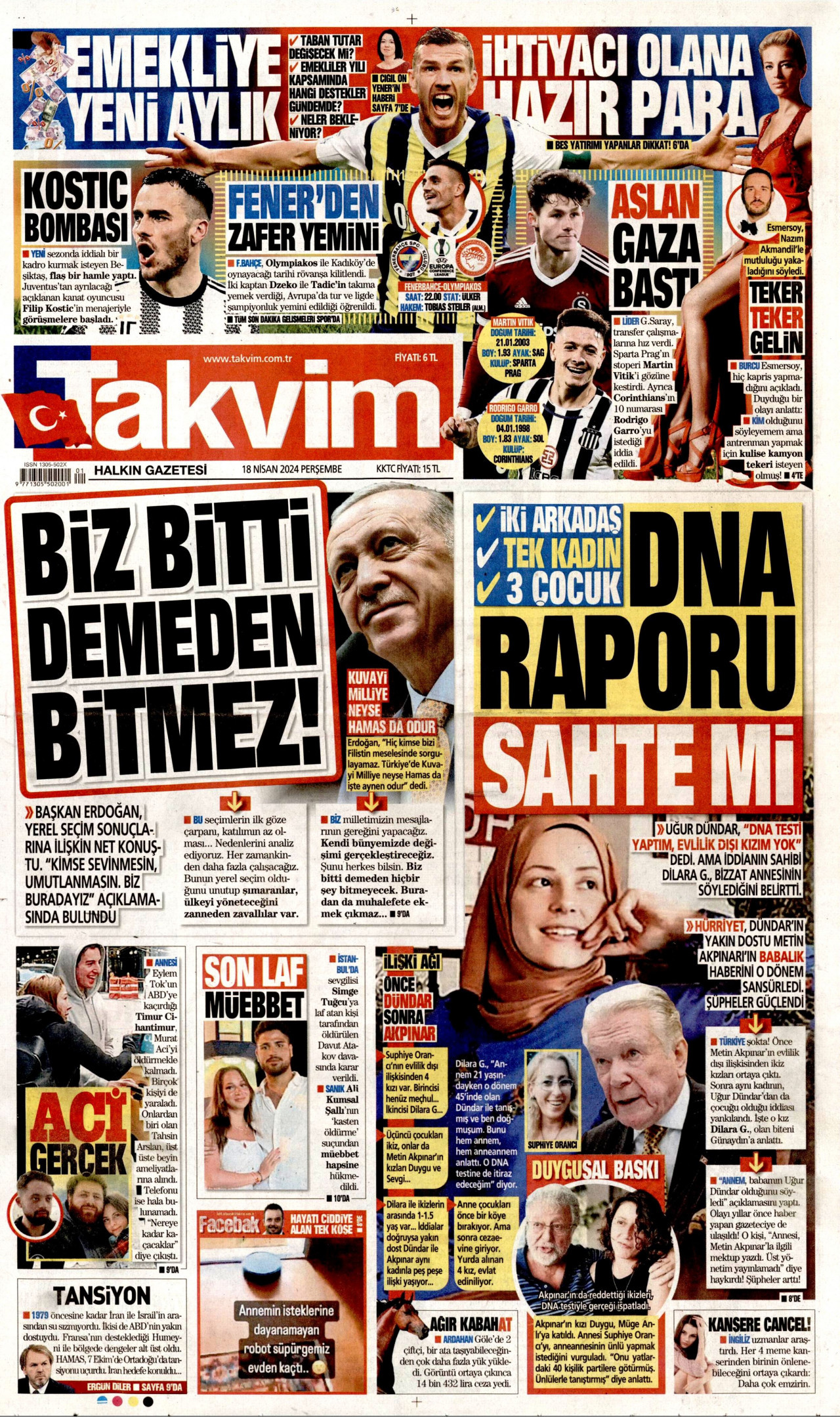 TAKVİM gazetesinin 18 Nisan 2024 tarihli birinci sayfası