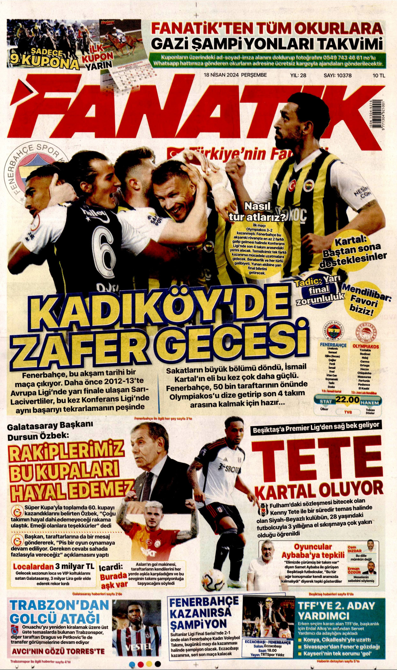 FANATİK gazetesinin 18 Nisan 2024 tarihli birinci sayfası